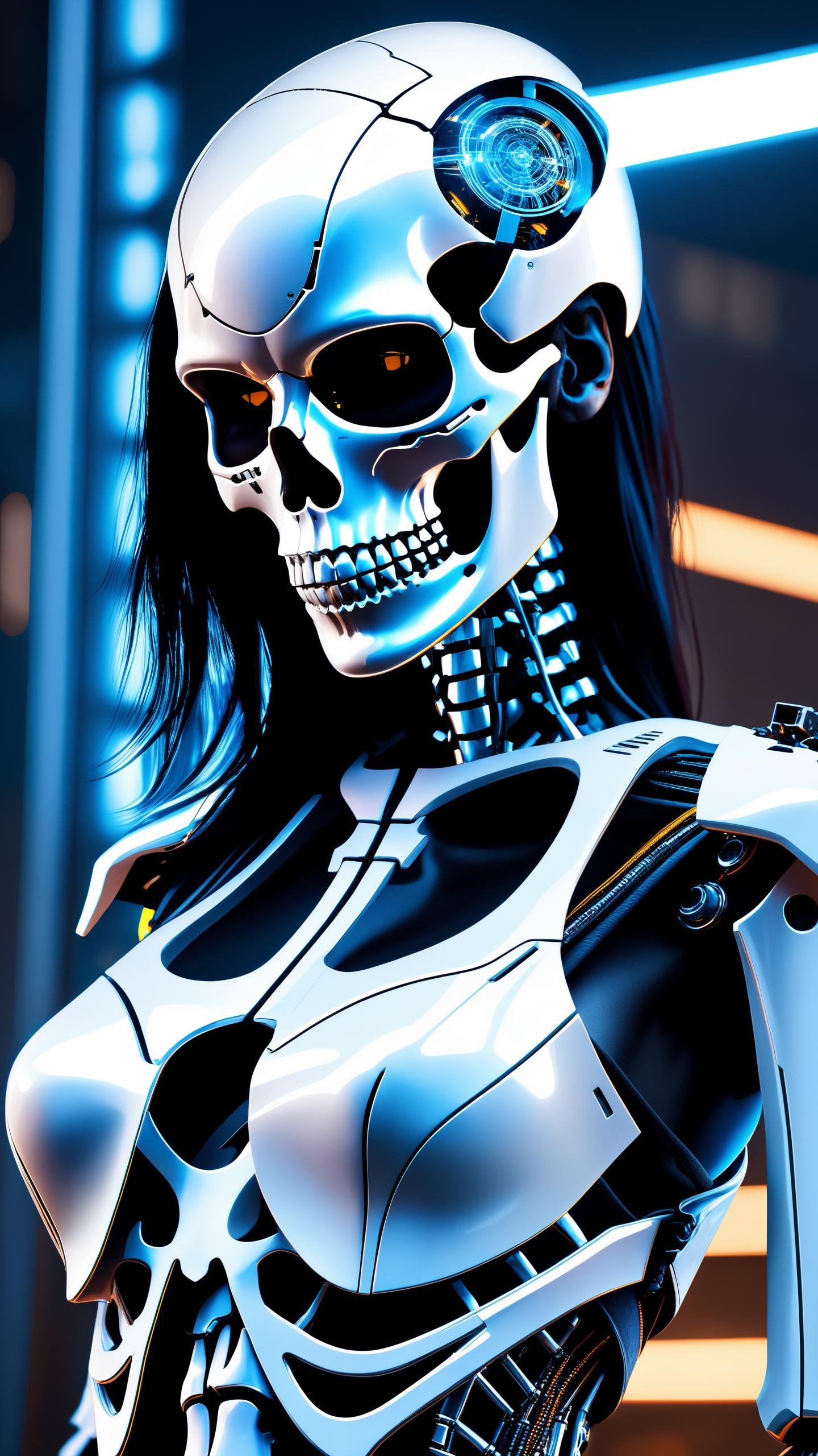 a bad woman in a futuristic suit with a ((skeleton head)), ((which disintegrates)), cybernetic, cyberpunk art, computer art, detailed eyes, (highly detailed skin:1.2), (realistic lighting:1.1), (realistic shadows:1.1), ((best quality)), (detailed), 8k uhd