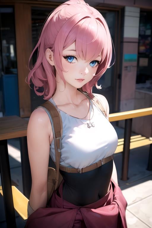 (best quality:1.1), (masterpiece:1.4), , looking at viewer, , depth of field, , (realistic:1.4), 1girl, solo, <lora:maria_synduality_noir:0.84>, maria_synduality_noir, pink hair, blue eyes, , , native american costume, fantasy,