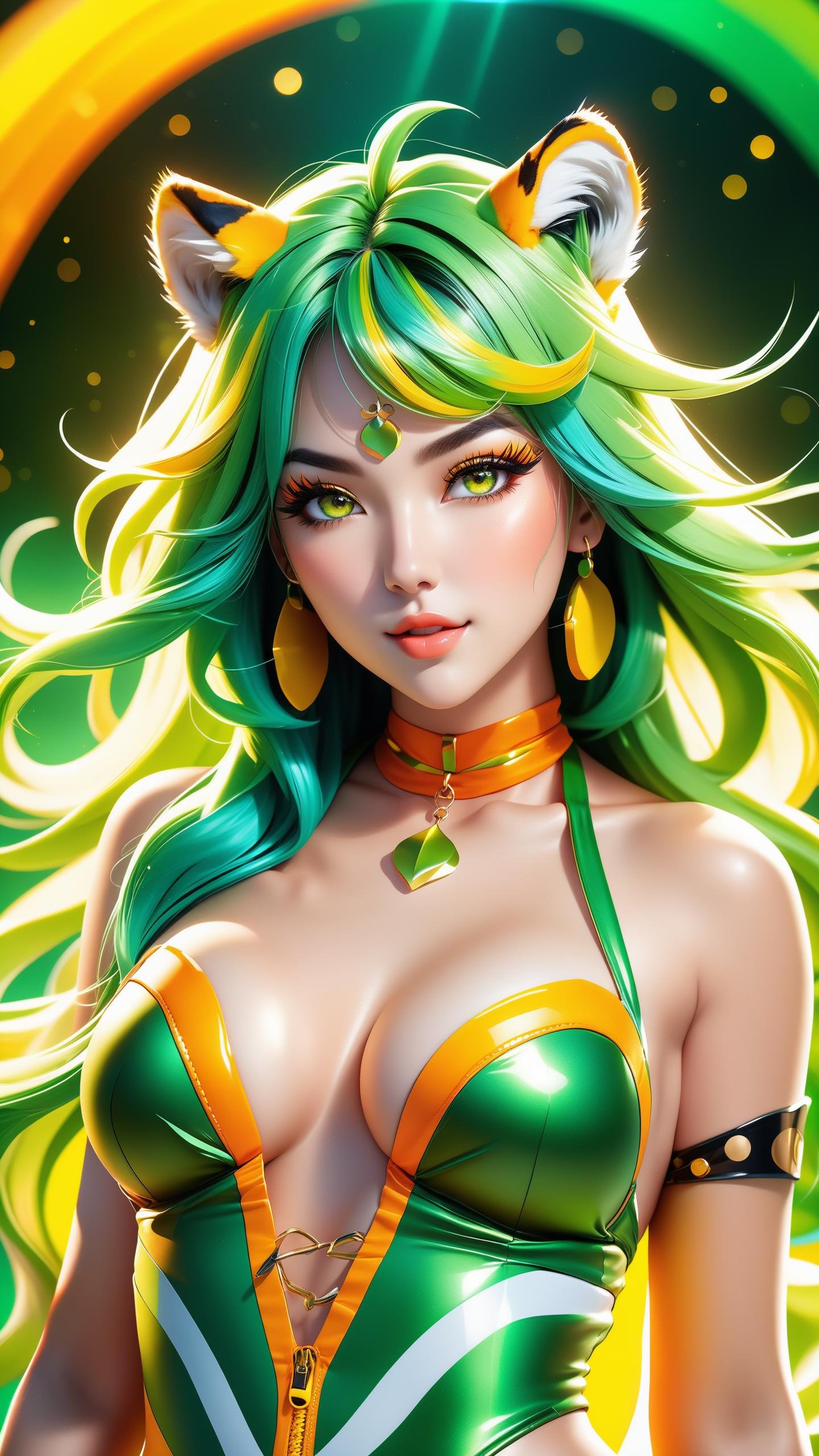 (best quality, masterpiece, colorful, dynamic angle, highest detailed)\Lum\, upper body photo, fashion photography of cute, intense green hair, orange eyes, tiger print, strapless bikini, yellow boots, yellow little small horns, \Lum\,(ultrahigh resolution textures), in dynamic pose, bokeh, (intricate details, hyperdetailed:1.15), detailed, light passing through hair, colorful art flat background, electric aura, (official art, extreme detailed, highest detailed)