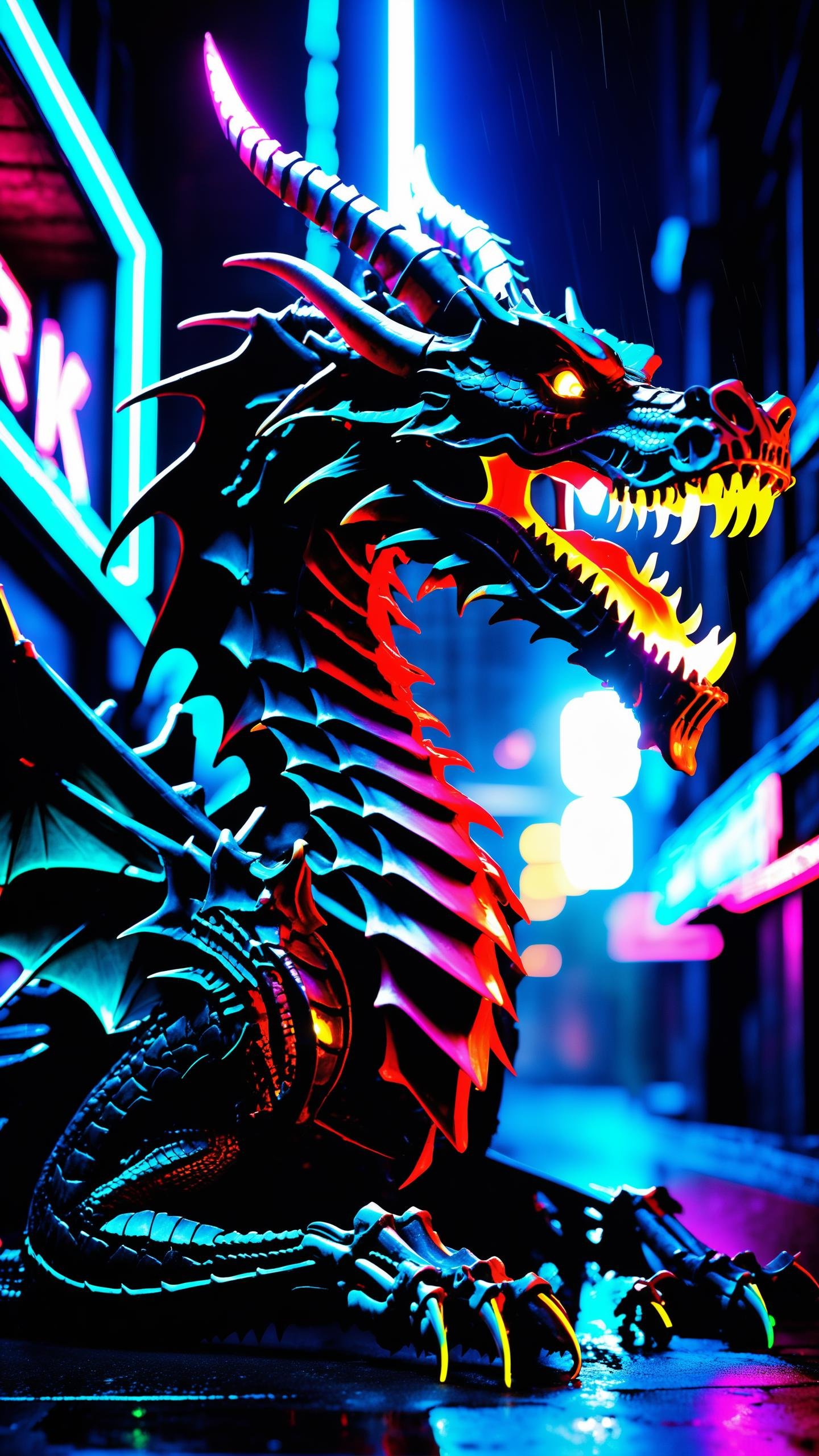 Neon noir dragon skeleton, fangs, looking at viewer, first person point of view, intense shadows, intense highligths, (dark:2), iso10, f18, (dark lighting:4) . Cyberpunk, dark, rainy streets, neon signs, high contrast, low light, vibrant, highly detailed