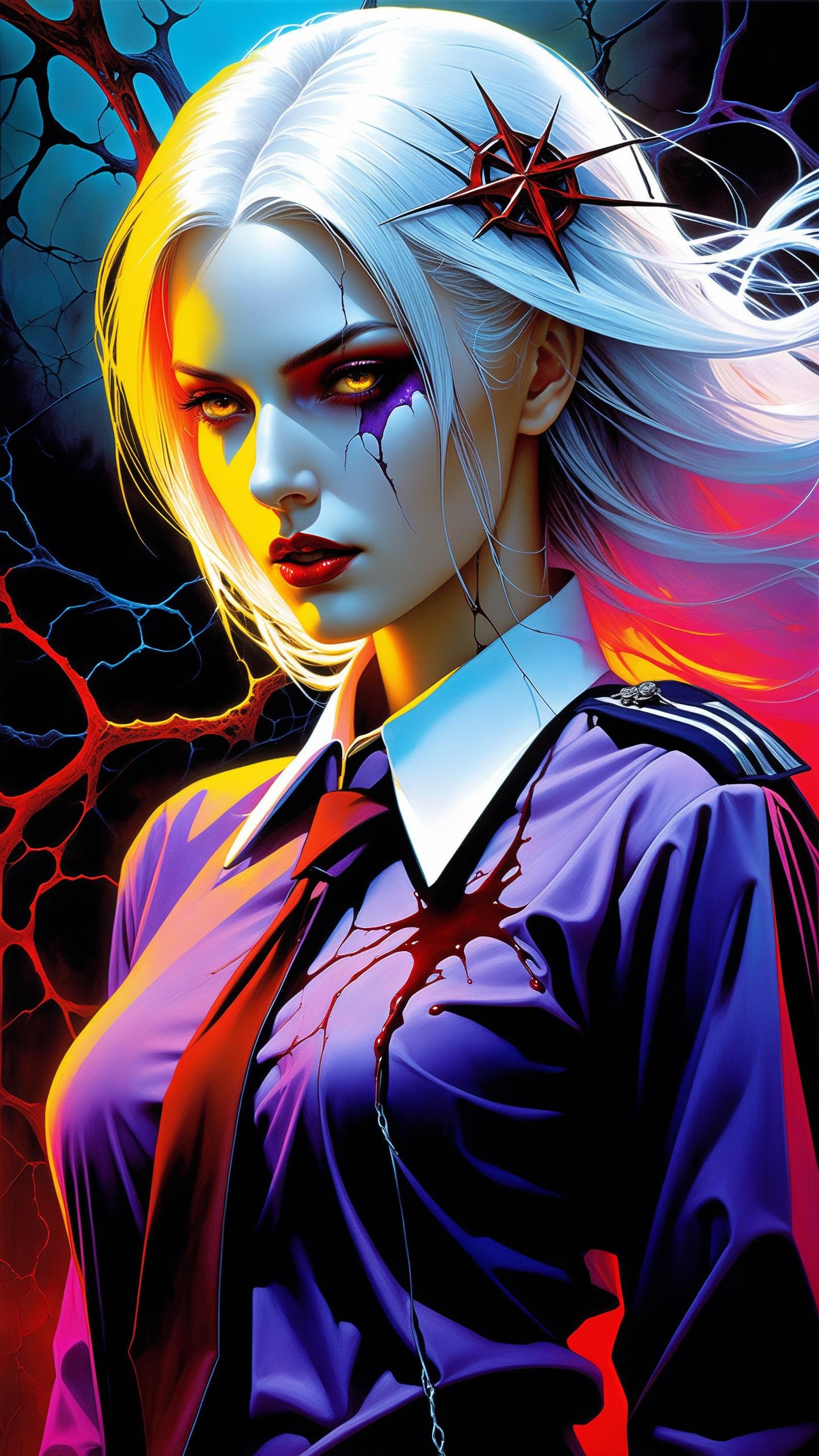 girl with a pretty face, white hair, purple eyes, (((sexy school uniform))), wearing a stylish very sexy school uniform, with a funny expression on her face, Hellwalker, incombing death, hell, black bloody veins growing and intertwining out of the darkness, oozing thick yellow blood, veins growing and pumping blood, (female body:1.3), vascular networks growing, connecting, explanding, red veins everywhere, zdzislaw beksinski, (sharp colors:1.3), (rainbow skin:1.1), (Infrared:1.2), ultra detailed, intricate, oil on canvas, ((dry brush, ultra sharp)), (surrealism:1.4), (disturbing:1.5), beksinski style painting, satanic symbols, (full torso), full body in frame, centered body, (male:1.2), realistic, ((intricate details)), (pale gothic evil king), dynamic pose, perfect face, (realistic eyes), perfect eyes, ((dark gothic background)), sharp focus