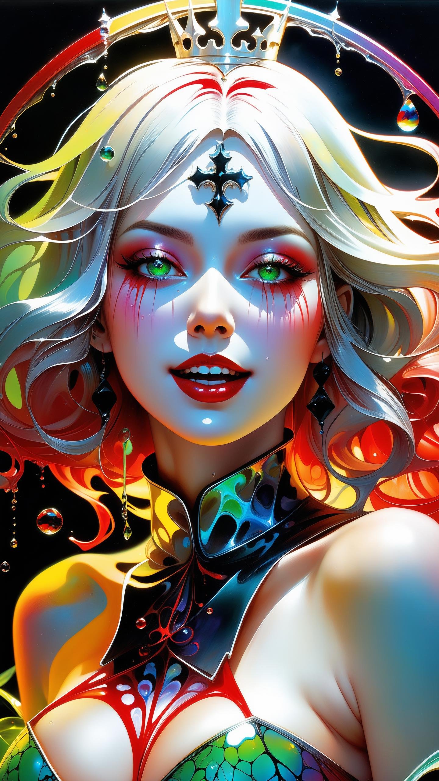 a Girl, laughing, Colorful colors, surrounded by water bubbles, in the style of Kawacy, Masterpiece, Oil painting drawn in anime style, head close - up, exaggerated perspective, Tyndall effect, water drops, mother - of - pearl iridescence, Holographic white, chess queen outfit, anime girl, girl with a pretty face, white gold hair, green eyes, goth girl, ((sexy school uniform)), wearing a stylish very sexy school uniform, with a funny expression on her face, Hellwalker, incombing death, black bloody veins growing and intertwining out of the darkness, oozing thick yellow blood, veins growing and pumping blood, (chubby female body:0.8), vascular networks growing, connecting, explanding, red veins everywhere, zdzislaw beksinski, (sharp colors:1.3), (rainbow skin:1.1), (Infrared:1.2), ultra detailed, intricate, ((dry brush, ultra sharp)), (surrealism:1.4), (disturbing:1.5), beksinski style painting, satanic symbols, (full torso), full body in frame, centered body, kawaii, realistic, ((intricate details)), (pale gothic evil queen), ibrant, action-packed, detailed character design, reminiscent of fighting video games, black bloody veins growing and intertwining out of the darkness, oozing thick neon rainbow blood, veins growing and pumping blood, vascular networks growing, connecting, explanding, red veins everywhere, zdzislaw beksinski, (vibrant colors:1.1), dynamic pose, perfect face, (realistic eyes), perfect eyes, ((dark gothic background)), sharp focus