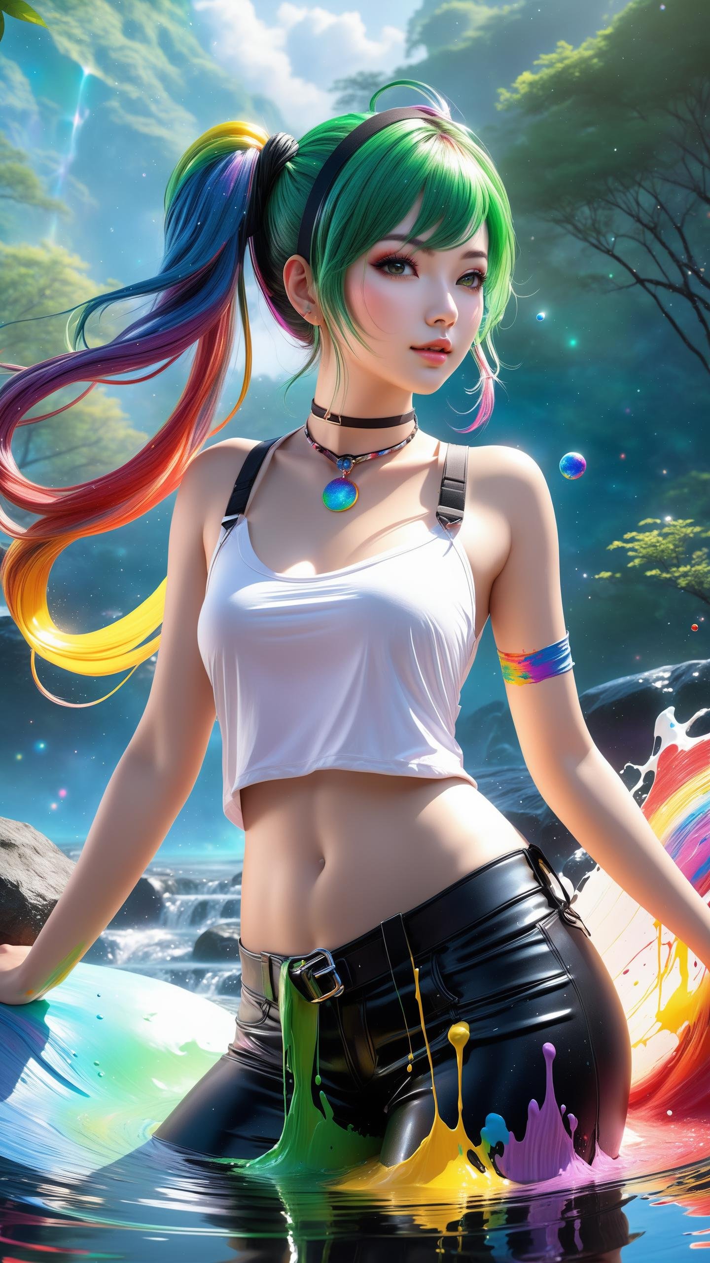 1girl, solo,  green, black, very short, low twintails hair, hair, tank top cropped pants choker, fantasy rivers daytime, whole body, (((splash of paint))), (((colorful))), (((floating colorful paint))), goddess of death, Japanese mythology,(featuring mythical creatures), solar system, milky way, dream, fantasy, (abstract background:1.3), masterpiece, ultra realistic, 32k, extremely detailed CG unity 8k wallpaper, best quality, ((masterpiece)), (best quality), photo, realistic, extremely detailed CG unity 8k wallpaper, highly detailed, shiny skin, Depth of field, vivid color, 1girl, (skinny girl:1.3), (full body:0.6), narrow waist, rainbow skin, (chubby body:0.8), looking at viewer, nude, blush