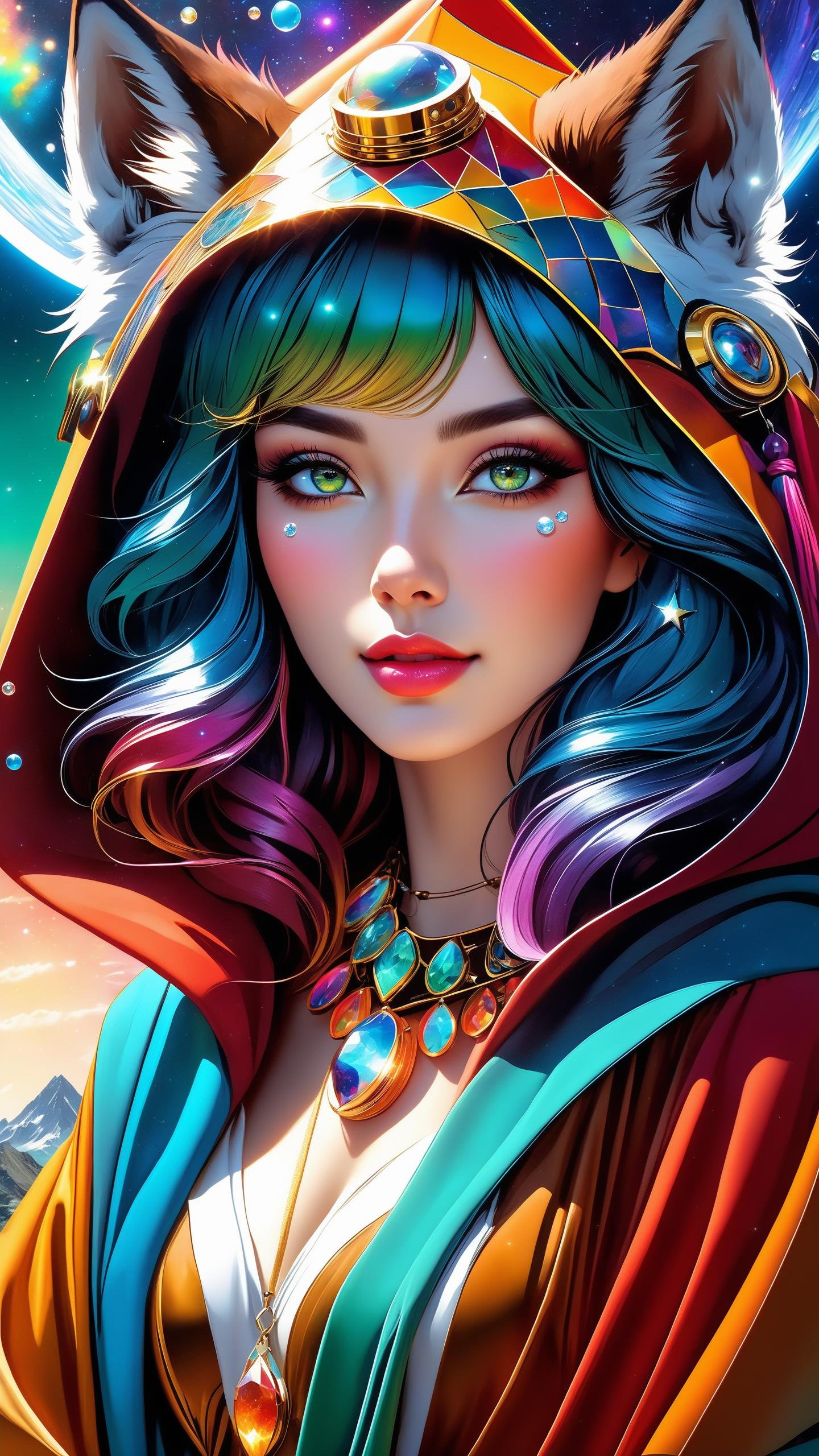 a beautiful girl, closed eyes, portrait, style-paintmagic, (((splash of paint))), (((colorful))), ((floating colorful paint)), goddess of death, Japanese mythology, (featuring mythical creatures), solar system, milky way, dream, fantasy, (abstract background:1.3), masterpiece, ultra realistic, 32k, extremely detailed CG unity 8k wallpaper, best quality, masterpiece, best quality, ultra high res, extremely detailed, (psychedelic art:1.4), woman, veil, visually stunning, beautiful, award-winning illustration, cosmic space background, ethereal atmosphere, (dark glass skin, diamond body, multi colored eyes:1.3), dark brown eyes, chestnut hair, mutton chops, (cyberpunk city:1.2), portrait, elegant hat, half shot, detailed background, detailed face, ChronomancyAI, (chronomancy theme:1.1), bubble-wizard, orange sorcerer robes, surrounded by light green bubbles, rainbow, floating orbs, large bubbles, floating sparkling particles, transclucent, glowing bubbles, swirling bubbles, graceful, bubbles in background, intricate patterns, starry sky, magical atmosphere, space, Egypt futuristic, (by Enki Bilal , methurlant), surreal, (hyper realistic:1), ((upper body selfie, happy)), masterpiece, best quality, ultra-detailed, solo, outdoors, (night), mountains, nature, (stars, moon) cheerful, happy, backpack, sleeping bag, camping stove, water bottle, mountain boots, gloves, sweater, hat, flashlight, forest, rocks, river, wood, smoke, shadows, contrast, clear sky, analog style, (warm hue, warm tone), methurlant Dean Cornwell, A portrait of a female cyborg , organic armor, silver, (intricate, atmospheric, surreal, gritty, cinematic, stylized, contrast, comic, eerie, stylized, dystopian), (high contrast:1.1), (Reflected light:1.2), ultra detailed, (glass skin:1.3), (surrealism:1.1), (disturbing:1.1), (cottagecore), (geometric:1.2), (futurism:1.2), impressionist, (detailed), (majestic:1.2), (breathtaking), (suggestive:1.3), (depressing:0.9), (cute:1.4), (enticing:1.4), (irresistible:1.4), disturbing, (fascinating:1.2), (magnetic:1.2), (color palette crimson:1.1) (color palette cerulean:0.8), furry girl, anime furry women, ((best quality)), ((masterpiece)), ((realistic)), (detailed), portrait, close up, young female, RAW photo, uhd, dslr, rainbow hair, high quality, realistic, photo realistic, dreamlikeart, lens flare, upper body, looking at viewer, animal focus, furry, wolf fursuit, close up, detailed body, goddess body, cute, kawaii, lovely, fur, fur head, wolf head, narrow waist, wolf ears, chocker with rope, blush, paw, paw shoes, rainbow clothes, stunning gradient colors, no watermark signature, detailed background, woods, small lake with island, insanely detailed, ((masterpiece)), absurdres, HDR, (((spread legs, open legs, sitting, open arms))), latex clothes, latex dress, waning moon