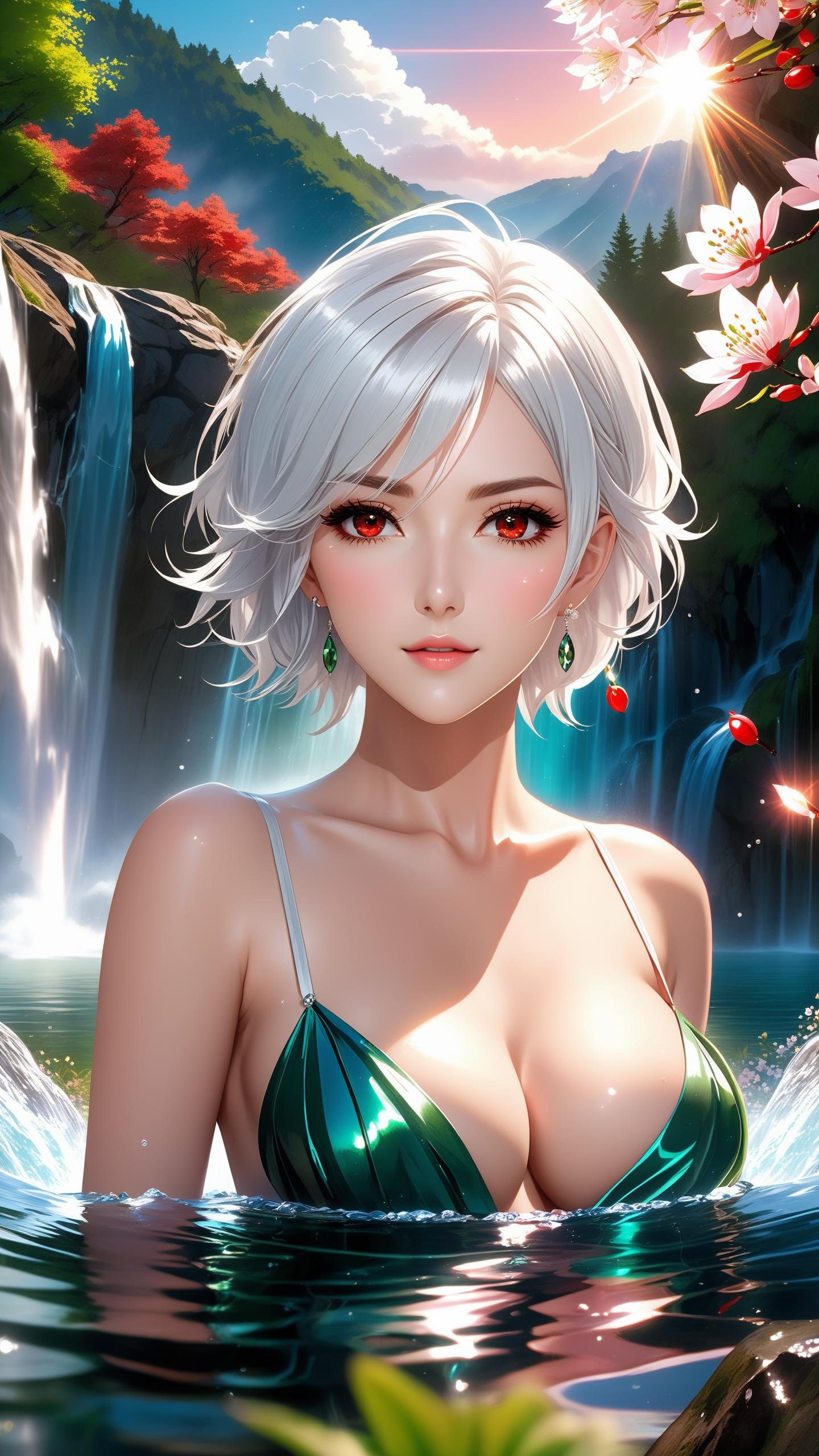 ((short parted down middle white hair)) ,solo, masterpiece, best quality, perfect face, ((anime style:1.3)), body shot of a shy european woman with short parted down the middle hair with no bangs (white short hair:1) , detailed face, detailed eyes, long lashes, adult, mature, (red eyes), (looking at another:1.2), (dynamic angle:1.3), beautiful detailed cloud, masterpiece, best quality, upper shot, close up, bathing under a water fall in the water, aqua watyer, water lillys and flowers, cherry blossoms, sunset, pointy ears, cleavage, (medium breasts), (in forest:1.3), expressionless, middle breast, lens flare, shine, painting, showering under waterfall, looking back, ((nude:1.2)), ((sunset:1.3)), wet hairs, model shoot style, anime style, realistic, photorealistic, red and green eye, glowing aura, full body