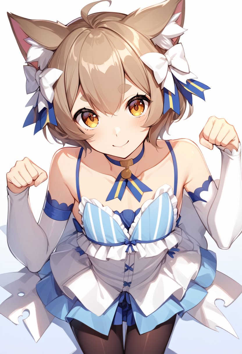 solo, male focus, 1boy, felix argyle, otoko no ko, smile, looking at viewer, paw pose, hair bow, dress, striped, ribbon, detached sleeves, pantyhose, blue choker, tail, collarbone, bare shoulders <lora:rezero_felixargyle_xl-000004:1>