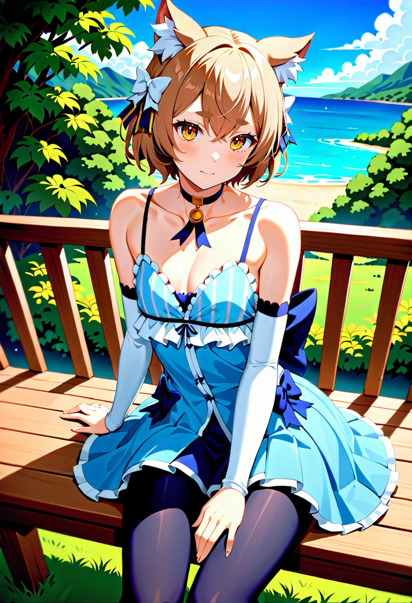 solo, male focus, 1boy, felix argyle, otoko no ko, :3, looking at viewer, sitting, bench, hair bow, dress, striped, ribbon, detached sleeves, pantyhose, blue choker, tail, collarbone, bare shoulders, outdoors, masterpiece, best quality, newest <lora:rezero_felixargyle_xl-000004:1>