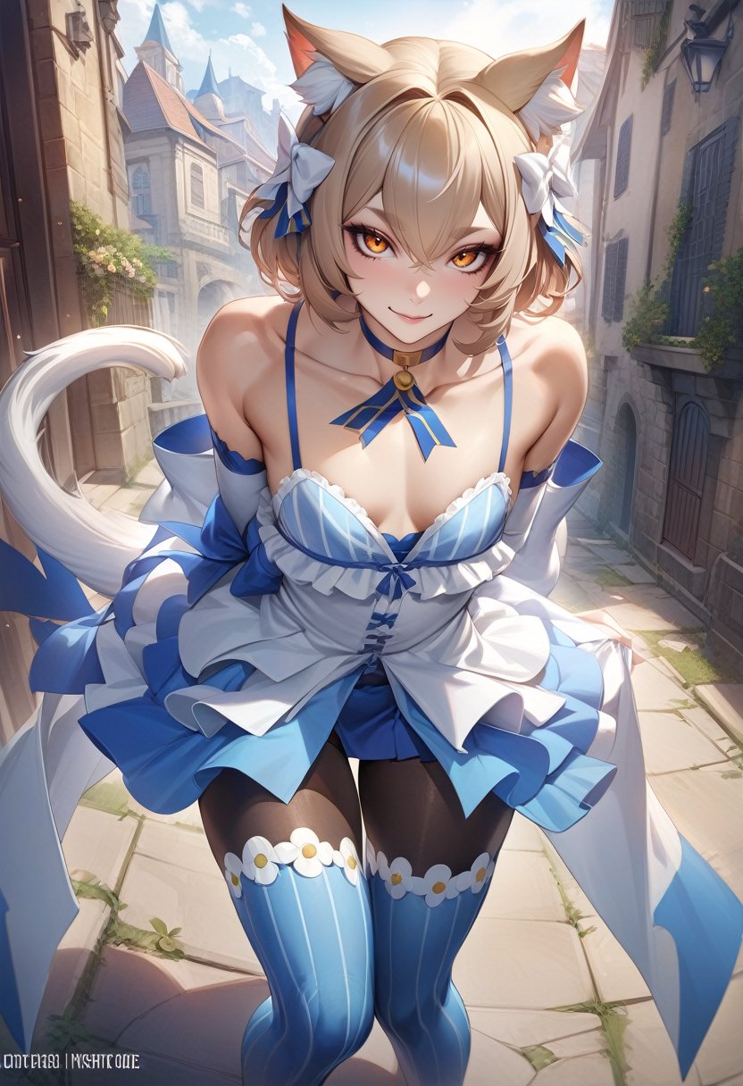 (art by neoartcore:0.5), solo, male focus, 1boy, felix argyle, otoko no ko, smile, looking at viewer, hair bow, dress, striped, ribbon, detached sleeves, pantyhose, blue choker, tail, collarbone, bare shoulders, outdoors, masterpiece, best quality, newest <lora:rezero_felixargyle_xl-000004:1>