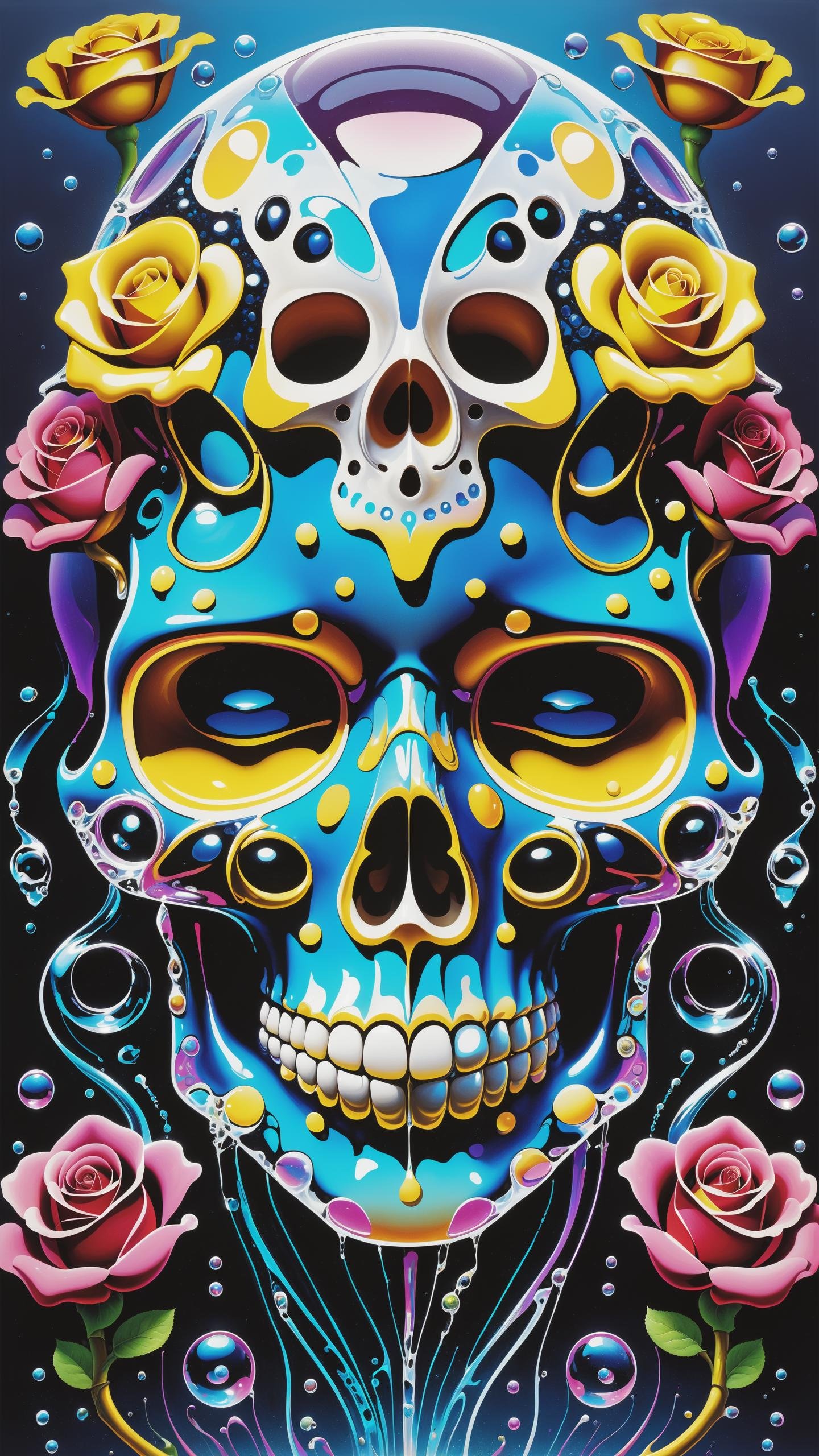 asymmetrical biomechanical (sugar skull:1.2), from below, colorful melting skull, acrylic bubbles of blood and roses, ferrofluids, water distortions, intricate abstract. parted lips, from side, looking at viewer, blend of organic and mechanical elements, futuristic, cybernetic, detailed, intricate, dark theme, (in awe:1.2), confident, (surprised:0.7), natural skin, style of Stan Manoukian,\n\n\nBREAK\n\nphysically based unbiased rendering, natural lighting, soft shadows, extremely high-resolution details, photographic, realism pushed to extreme, fine texture, 4k,  ultra-detailed, high quality, high contrast