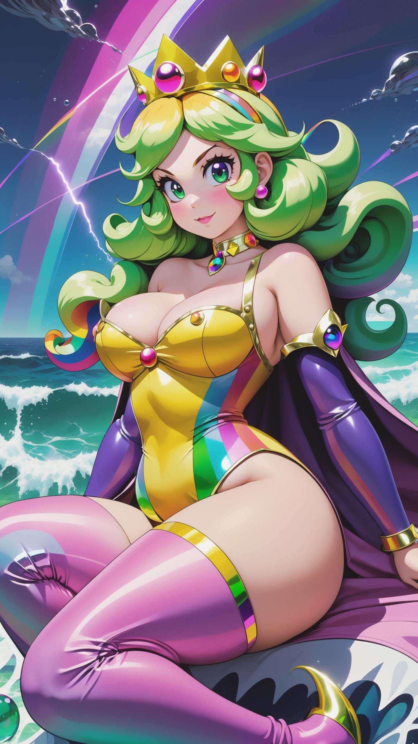 (Princess Peach completely nude, Princess Peach hentai), (perfect female form, perfect face, beautiful eyes, eyeliner, expressive eyes), (long hair, hair in the wind), cute, adorable, (huge natural breasts, narrow waists), (armored knight:1.4), wearing a cape, a photo of a sea witch, green short hair, evil, villain, she's coming for you, up close, dark ocean, (under water:1.1), lightning, glowing eyes, wearing a dress made out Seaweed, tentacles, octopus, (up close:1.3), (geometric:1.2), (futurism), impressionist, detailed, 1girl, majestic, breathtaking, (suggestive:1.1), rainbow particles, (cute:1.4), enticing, (irresistible:1.5), disturbing, (fascinating:1.3), (magnetic:1.2), (violet), (tangerine), pink, (sweatpants:1.2), spread legs, baggy tshirt, belly, (big belly:0.9), choker, purple choker, Princess Peach, sitting on couch, sexy body, wearing princess peach crown, wrappers, cinematic lighting, rainbow skin, perfect skin, frown, frizzy, (princess peach render:1.3), (chubby body:1.2), glowing neon lines, smug face