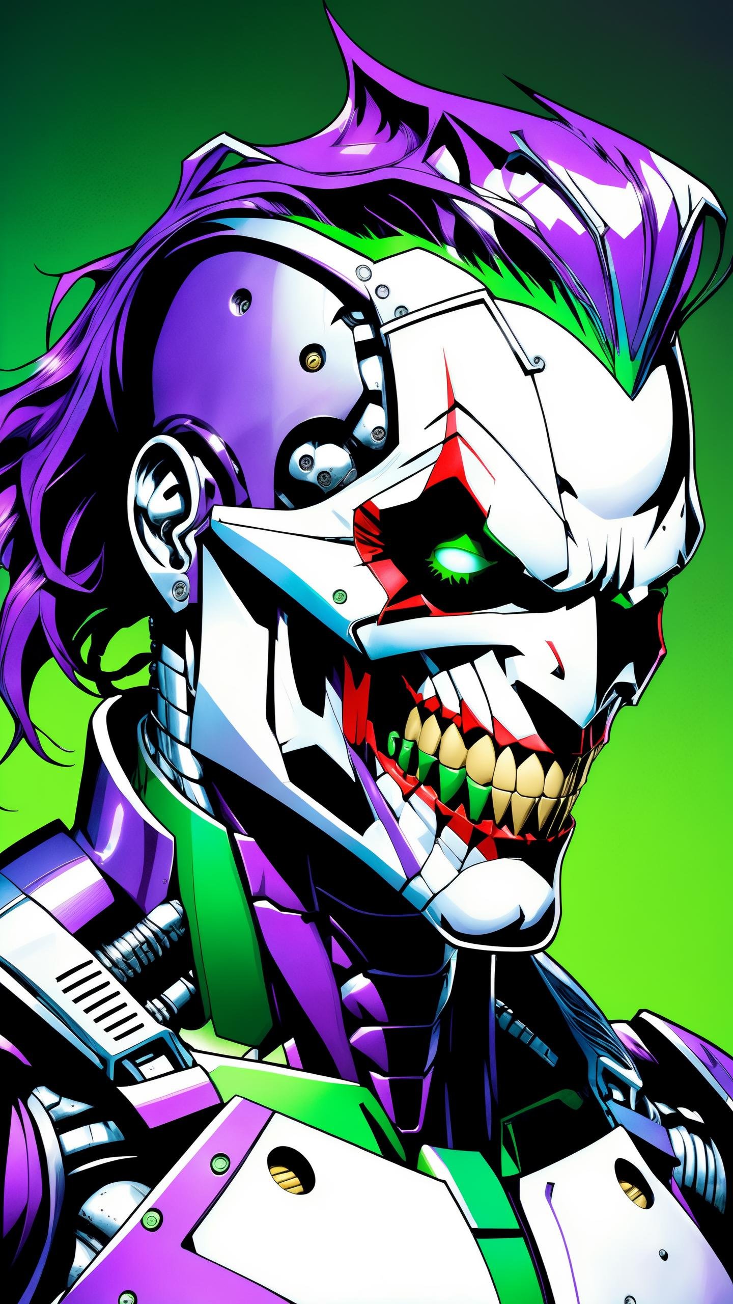 comic (RAW photo, masterpiece, high resolution, extremely complex), mix of The Joker and cyborg , cyborg skull, upper body, purple and green cyborg suit, made of metal, scratchy metal, extremely detailed, sci-fi, blurred background . graphic illustration, comic art, graphic novel art, vibrant, highly detailed