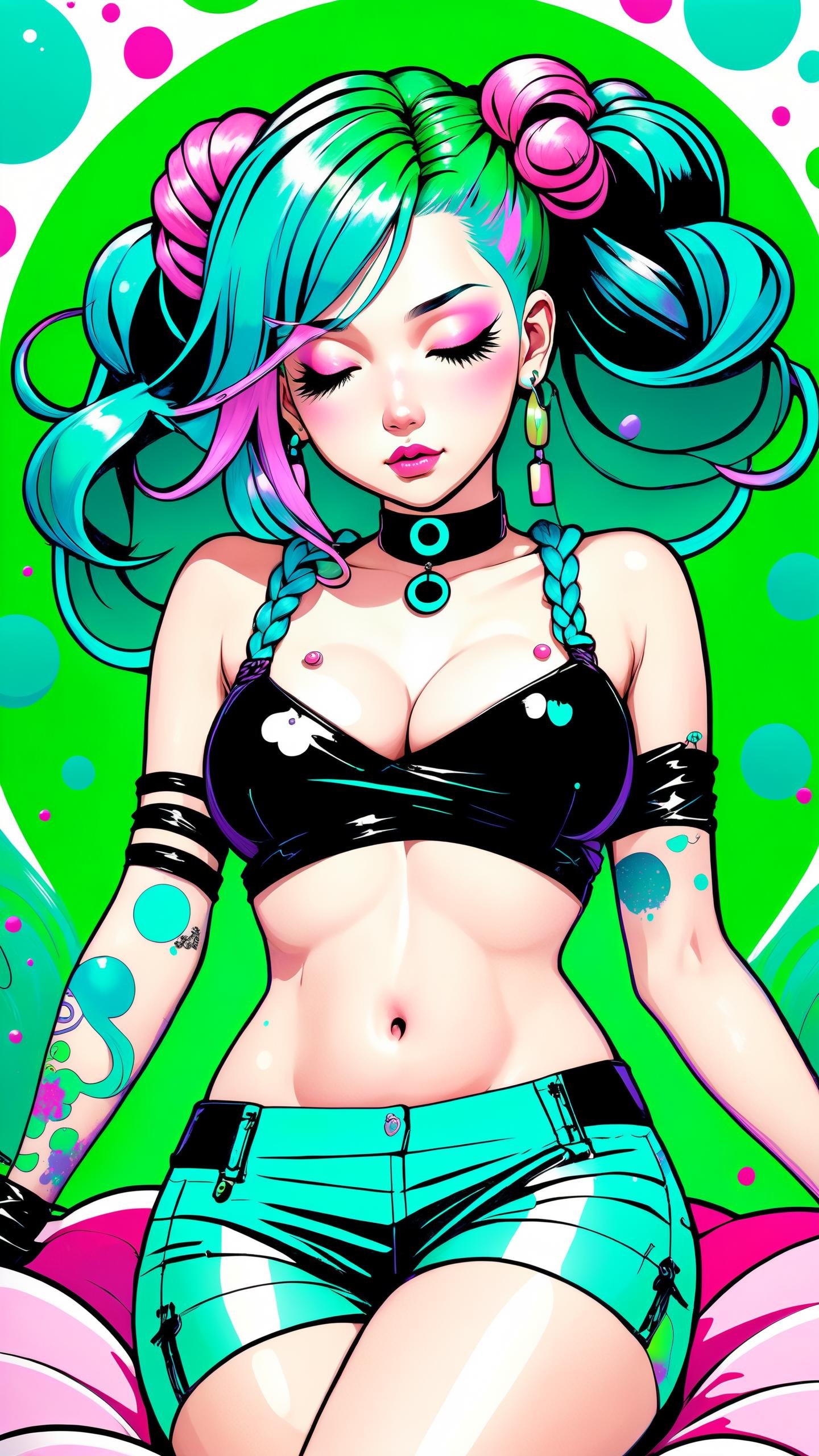 japanese american fusion pop art poster, splash paint background, pastel goth sweet girl, 1girl, cute, full body, [:outlandish, seductive costume design,:0.2], official art, Caucasian, bombshell punk hair, green hair, Grecian Braided Updo,  aqua lighting from above, a young cute woman with long bright pink hair and large breasts and a round face and a small nose sleeping in a bed