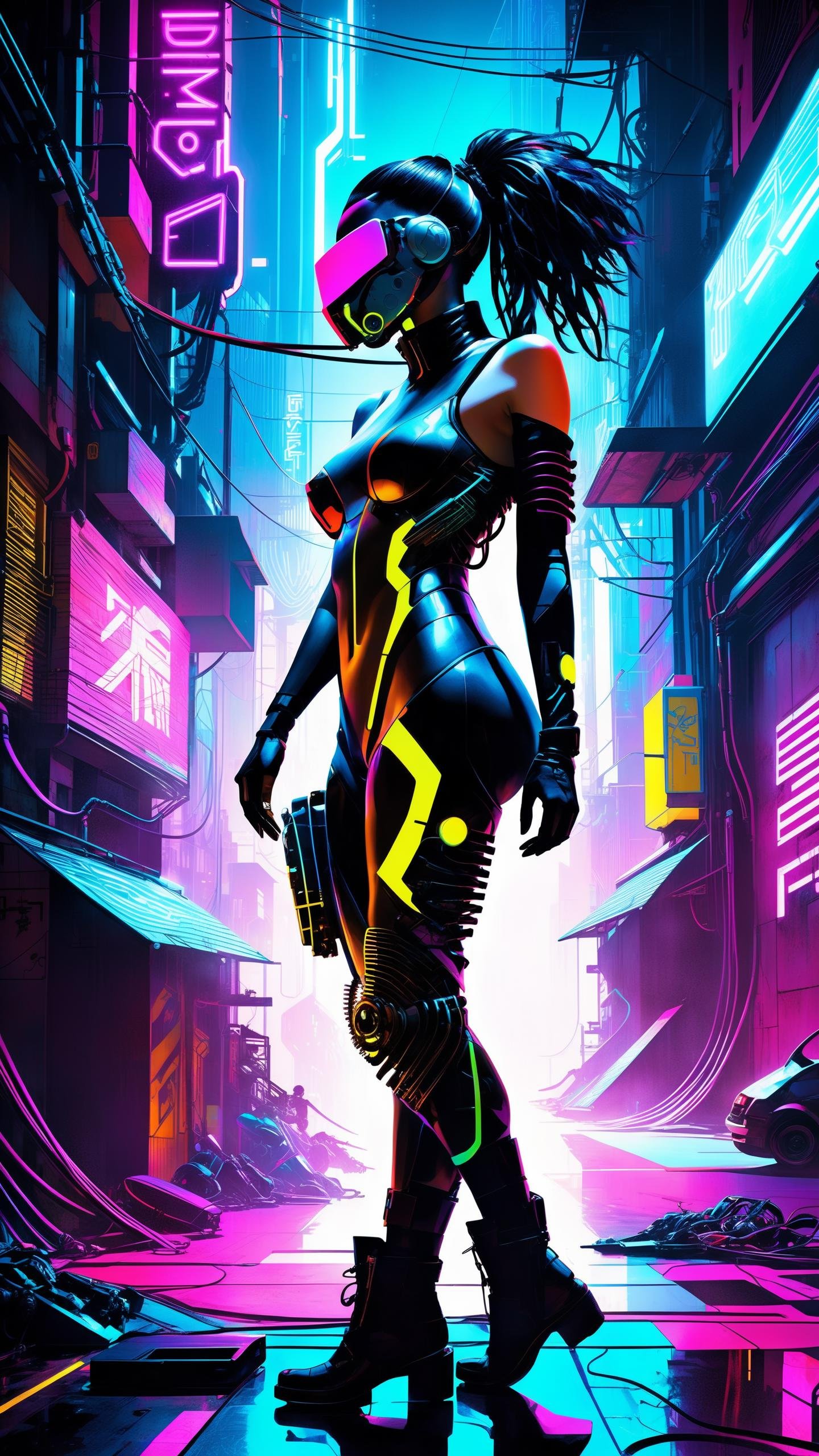 dark silhouette of a neonpunk biomechanical cyberpunk woman night, cyberpunk, wearing a stillsuit mask up, quarter turned, multicolor, bright colors, against the abstract dystopian background of dark neon light, revealing part of her face, Her body is fused with various types of cybernetics, making it seem both organic and artificial at the same time. style of Guweiz and David Mattingly, strict rule of thirds, stunning image showcases hyper-detailed textures and elements to capture the essence of a neon punk biomechanical cyberpunk world with ultra-realistic visuals, sharply focused on her presence in this dark alley