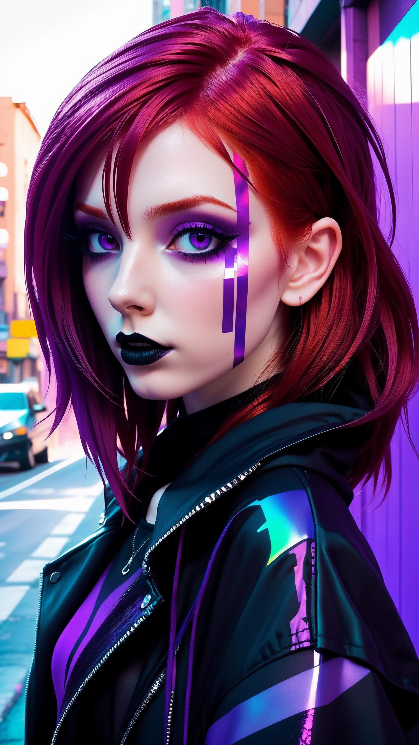 dark shot, city street, pastel goth, sexy goth girl, photo of cute 24 y.o redhead woman, cinematic shot, hard shadows, photorealistic, cute face, looking at viewer, glitched face effect, shattering skin effect, colorful outfit, witch purple clothes, glitched background effect