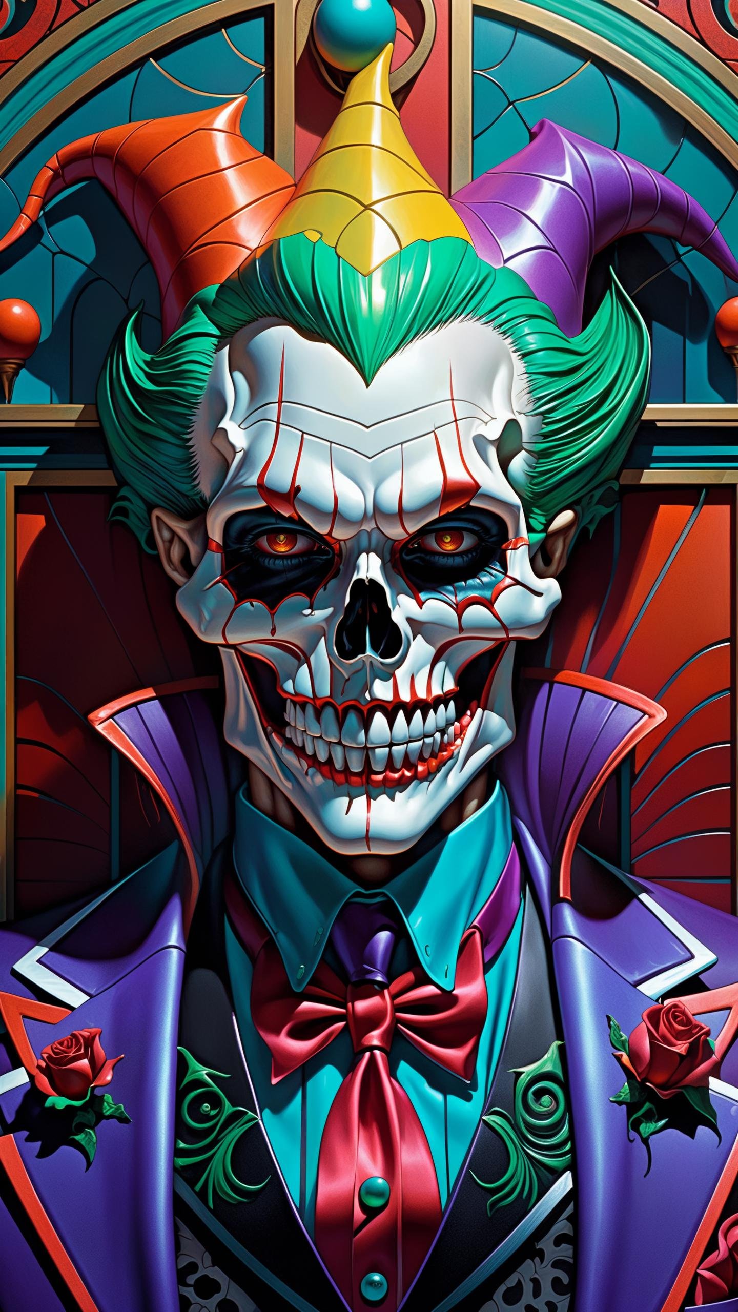 Hyper realistic art skull joker demon concept art portrait by Casey Weldon, Olga Kvasha, Miho Hirano, hyperdetailed intricately detailed gothic art trending on Artstation triadic colors Unreal Engine 5 detailed matte painting, deep color, fantastical, intricate detail, splash screen, complementary colors, fantasy concept art, 8k resolution, gothic DeviantArt masterpiece . Extremely high-resolution details, photographic, realism pushed to extreme, fine texture, incredibly lifelike