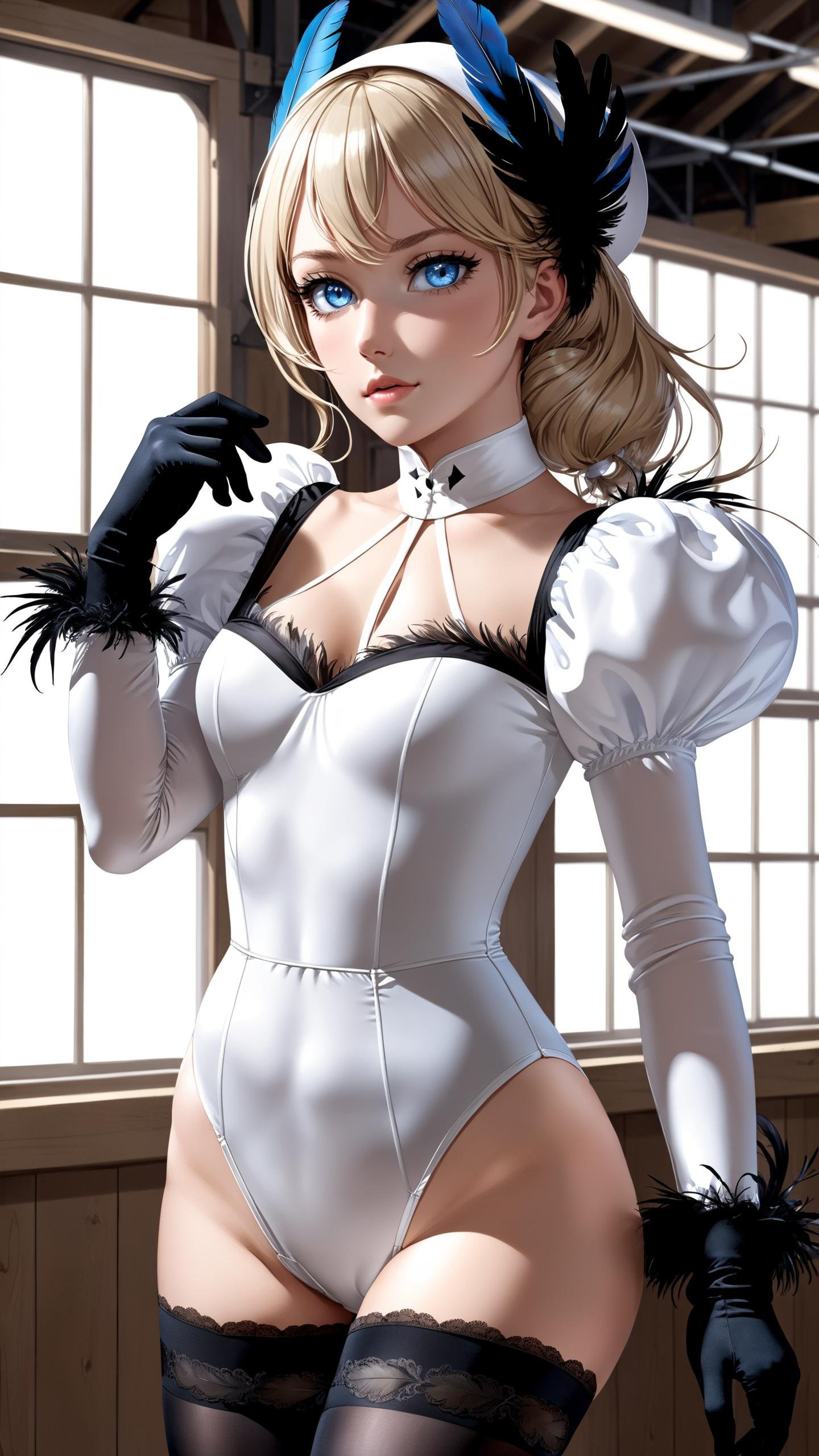 masterpiece, best quality, highres, hm2b, light blue eyes, mole under mouth, clothing cutout, long sleeves, puffy sleeves, juliet sleeves, feather trim, black thighhighs, black gloves, covered navel, (white_leotard:1.2), indoors, factory, standing, cowboy shot