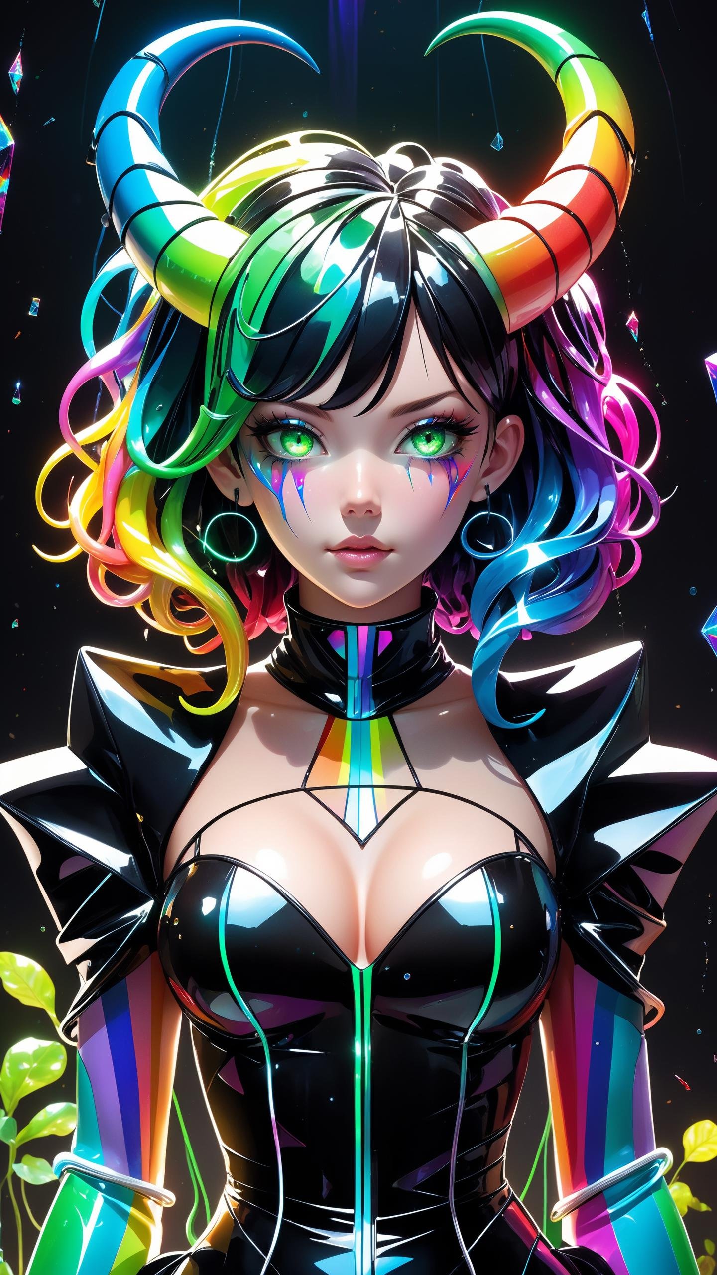 frilly hairstyle, latex dress, torso, body, 8k, ultra-detailed, highres, rainbow skin, shattered glass effect, (best quality, masterpiece:1.2), (deformad neon light:1.3), soft particles of fractal fire, volumetric lighting, (masterpiece, best quality), 1girl, intricate details, 8k, artstation, wallpaper, official art, splash art, sharp focus, dark atmosphere, black coat, black dress, cartoon for adults, white sleeves, sleeves past finger, sleeves past wrists, horns, (cottagetore), (geometric:1.2), futurism, impressionist, detailed, majestic, breathtaking, (suggestive:1.3), (depressing:1.3), (cute:1.2), enticing, (irresistible:1.3), disturbing, fascinating, (magnetic:1.2), (green), latex clothing, suggestive position, latex costume, Depth of field, vivid color, rainbow bloody veins growing and intertwining out of the darkness, (nailed wire), oozing thick blue blood, sharp neon, veins growing and pumping blood, vascular networks growing, under water