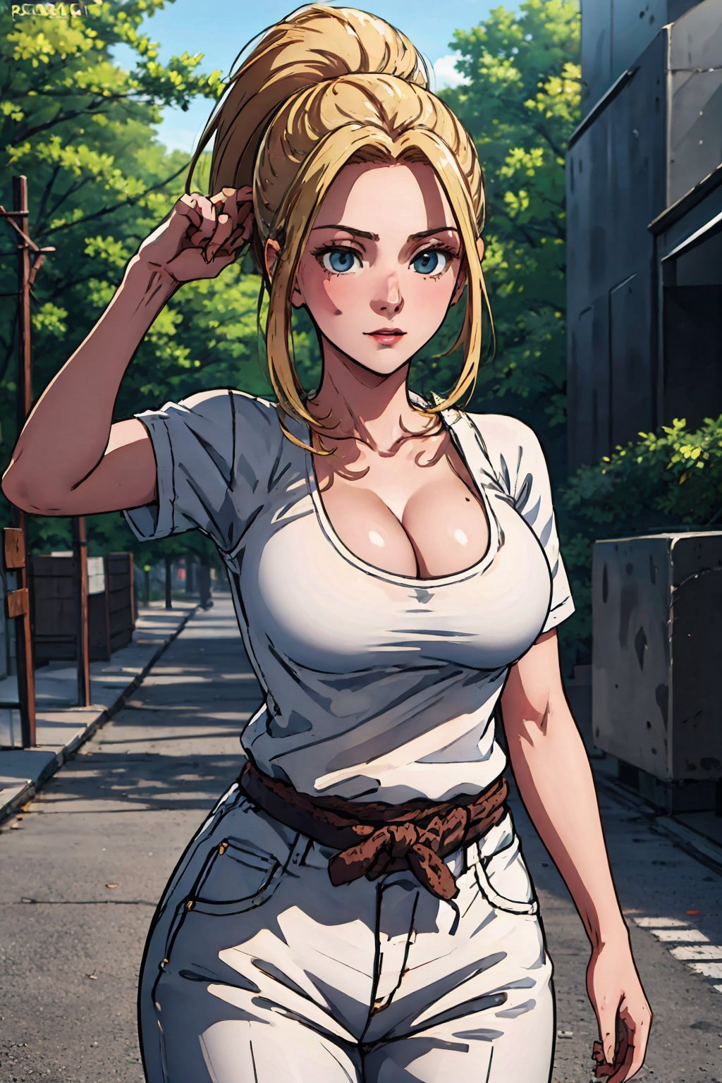 Best quality, Masterpiece, detailed background, 1girl, solo, pony_tail, cowboy_shot, sexy pose, forest, large breasts,beatrix, white shirt, cleavage, samurai pant