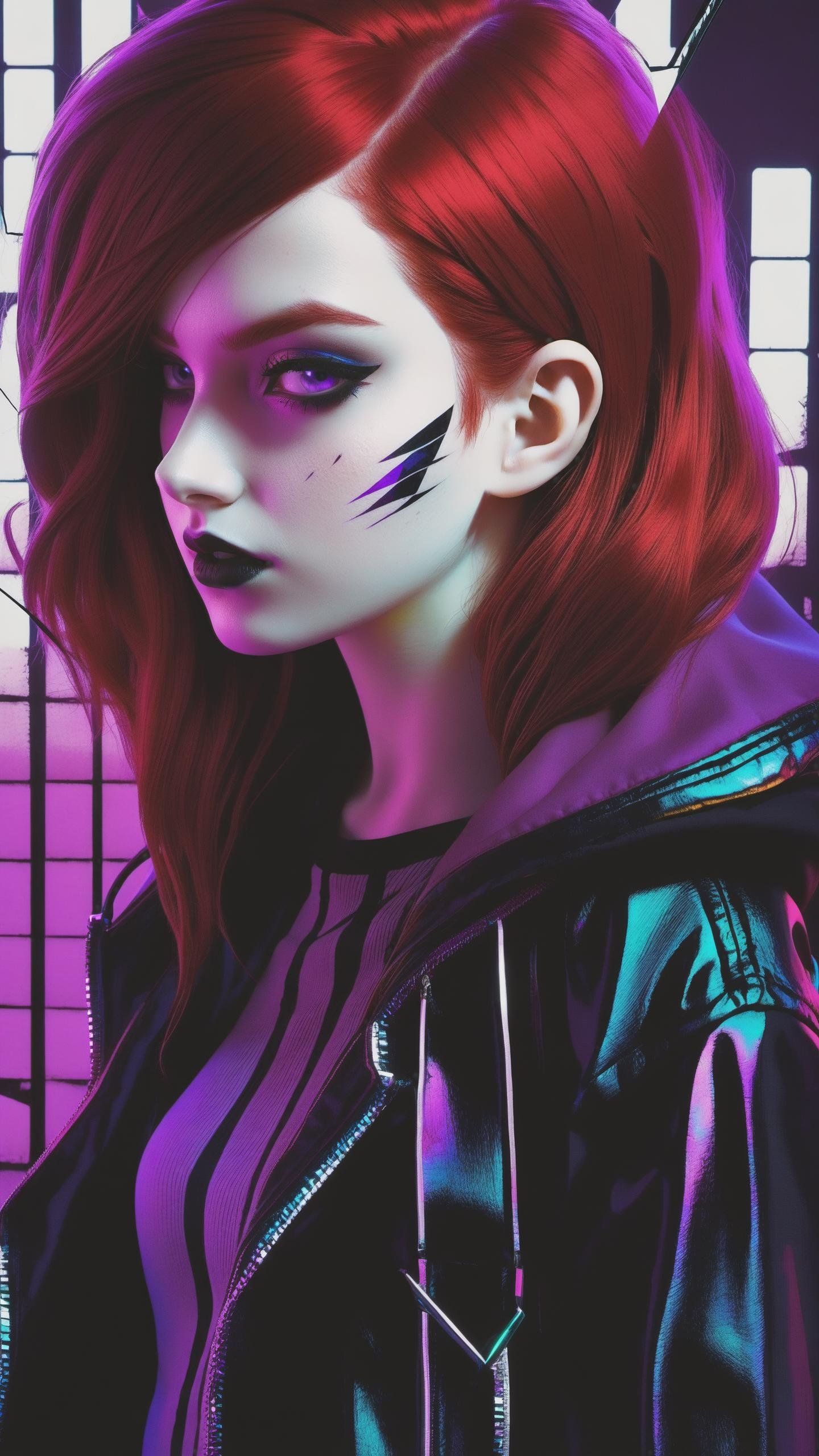 dark shot, city street, pastel goth, sexy goth girl, photo of cute 24 y.o redhead woman, cinematic shot, hard shadows, photorealistic, cute face, looking at viewer, glitched face effect, shattering skin effect, colorful outfit, witch purple clothes, glitched background effect