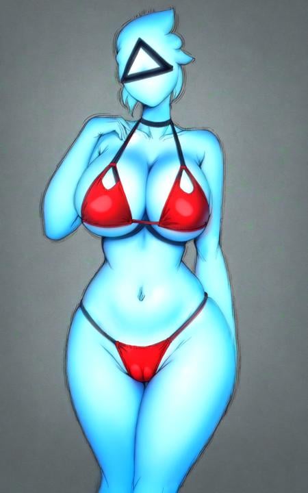 <lora:Novakid13:0.8>, 1girl, blue skin, glow skin, huge breasts, slim wasit, red bikini, faceless, no face, triangle symbol on face, intricated, high detailed