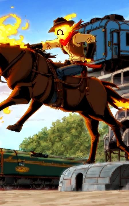 <lora:Novakid13:0.8>, 1boy riding on horse, yellow skin, glow skin, faceless, no face, omega symbol on face, wastern cowboy, wild west clothes, western train on background, intricated, high detailed