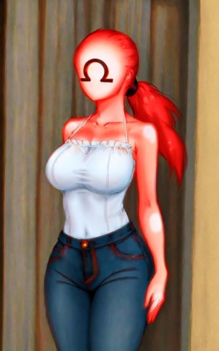 <lora:Novakid13:0.8>, 1girl, red skin, glow skin, large breasts, curvy, slim wasit, long hair, ponytail, bare shoulders, faceless, no face, omega symbol on face, western cowboy clothes, intricated, high detailed