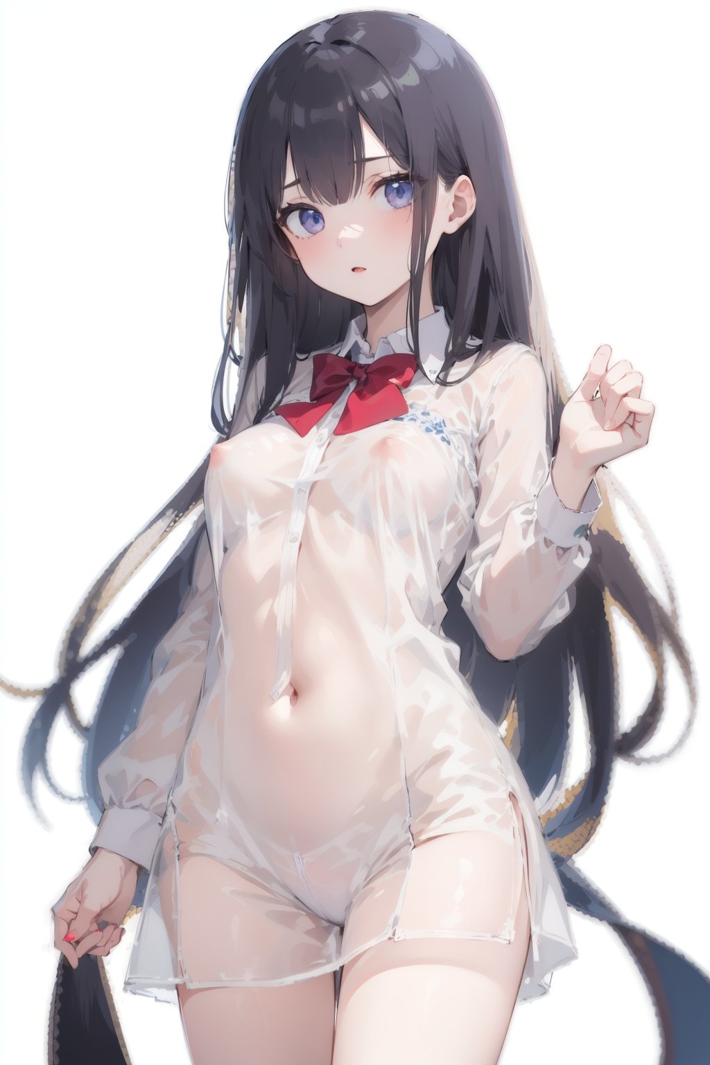 (masterpiece:1.2),extremely high quality,1girl,solo,see-through,school_uniform,medium breasts,[[nipples]],looking at viewer,standing,cowboy shot,very long hair,white background,simple background,<lora:Transparent clothes_concept_v1.2:0.9>,