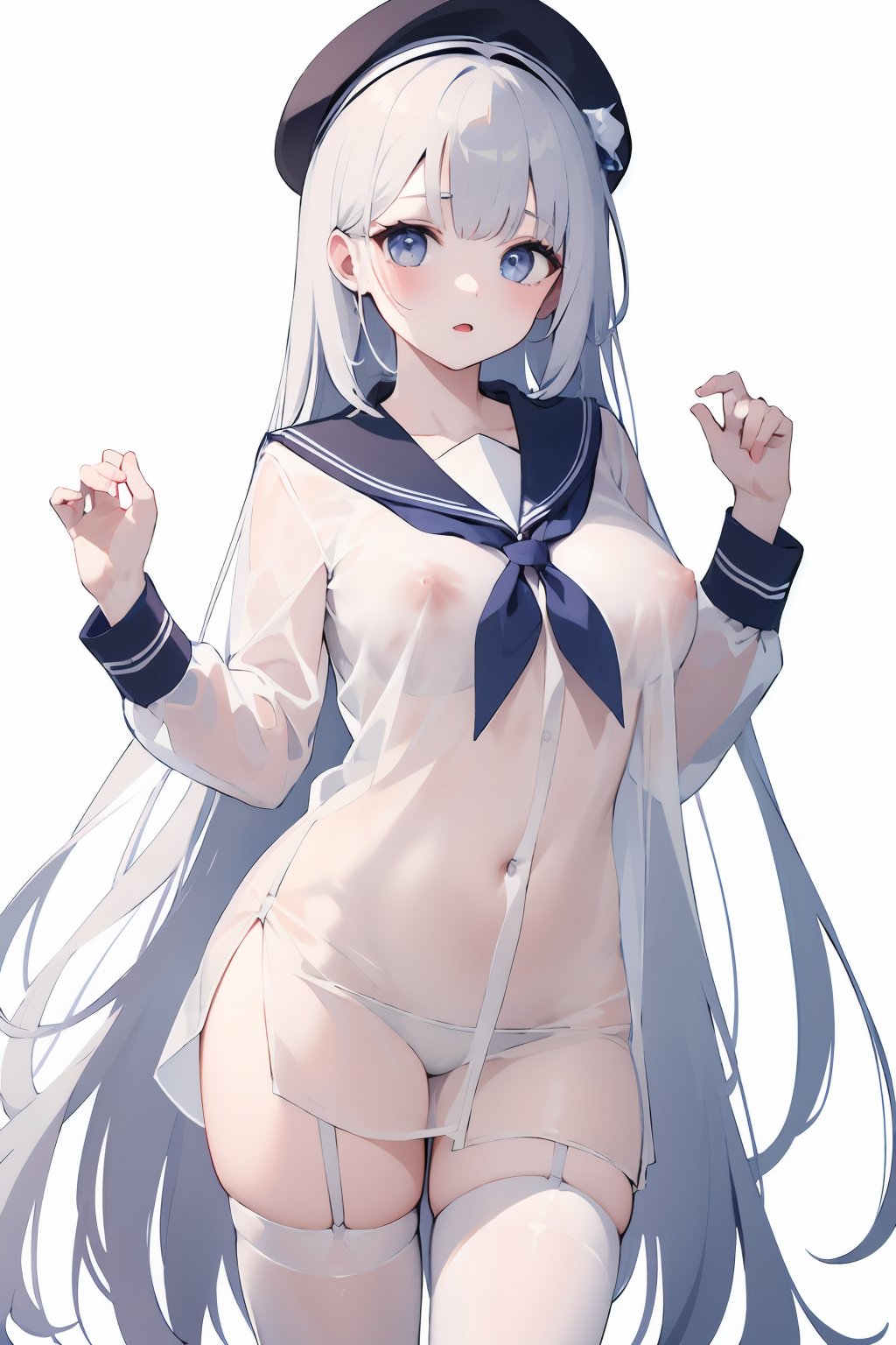 (masterpiece:1.2),extremely high quality,1girl,solo,see-through,sailor_shirt,[big breasts],[nipples],high stockings,looking at viewer,standing,cowboy shot,very long hair,white background,simple background,<lora:Transparent clothes_concept_v1.2:0.7>,