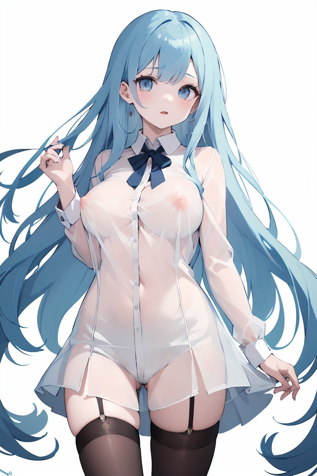 (masterpiece:1.2),extremely high quality,1girl,solo,see-through,striped_shirt,[big breasts],[nipples],high stockings,looking at viewer,standing,cowboy shot,very long hair,white background,simple background,<lora:Transparent clothes_concept_v1.2:0.6>,