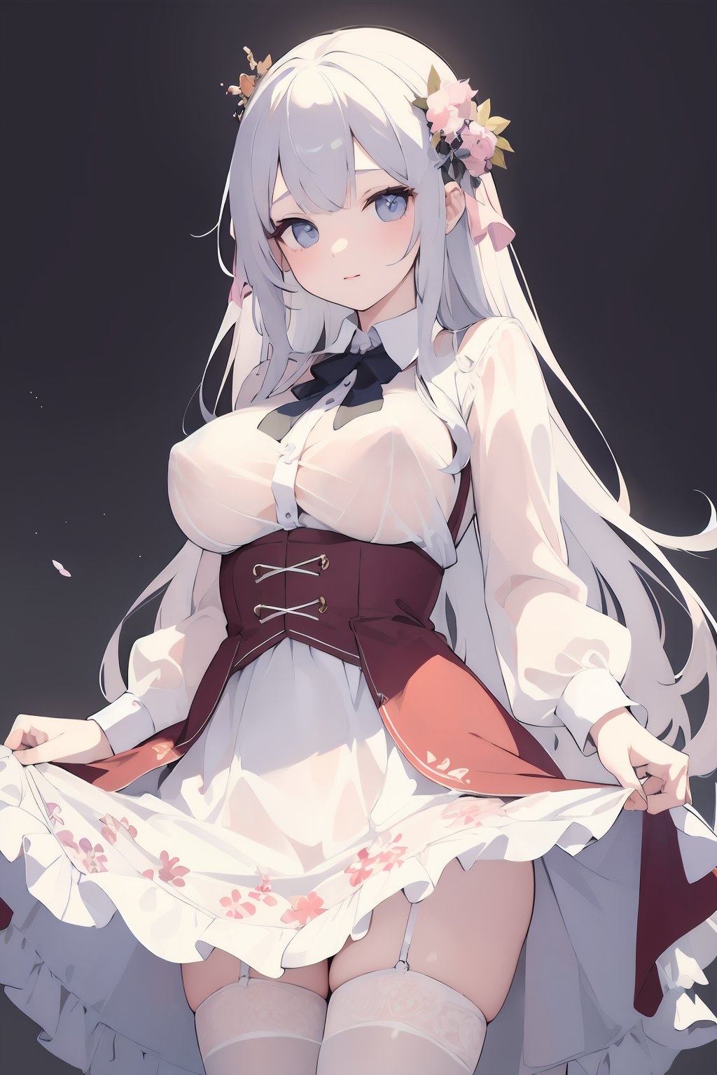(masterpiece:1.2),extremely high quality,1girl,princess,solo,see-through,floral_skirt,big breasts,[nipples],high stockings,looking at viewer,cowboy shot,princess's half tied hair,simple background,<lora:Transparent clothes_concept_v1.2:0.7>,