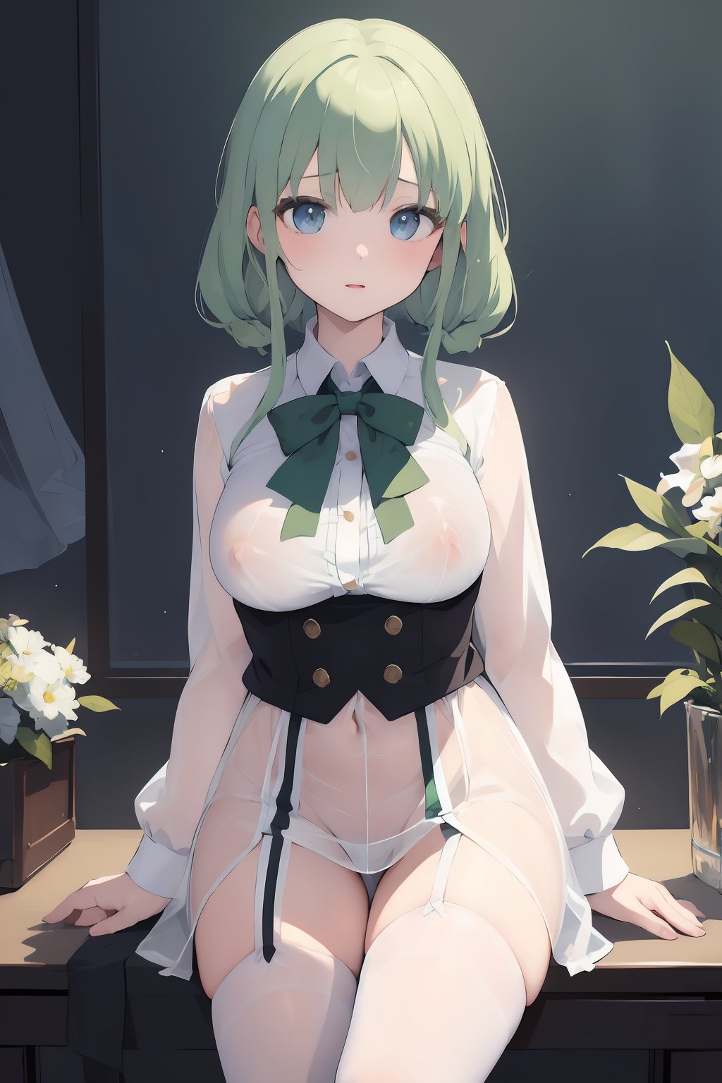 (masterpiece:1.2),extremely high quality,1girl,princess,solo,see-through,anzio_school_uniform,big breasts,[nipples],high stockings,looking at viewer,cowboy shot,princess's half tied hair,detailed characterization,movie lighting effects,a complex and contextualized background,<lora:Transparent clothes_concept_v1.2:0.7>,