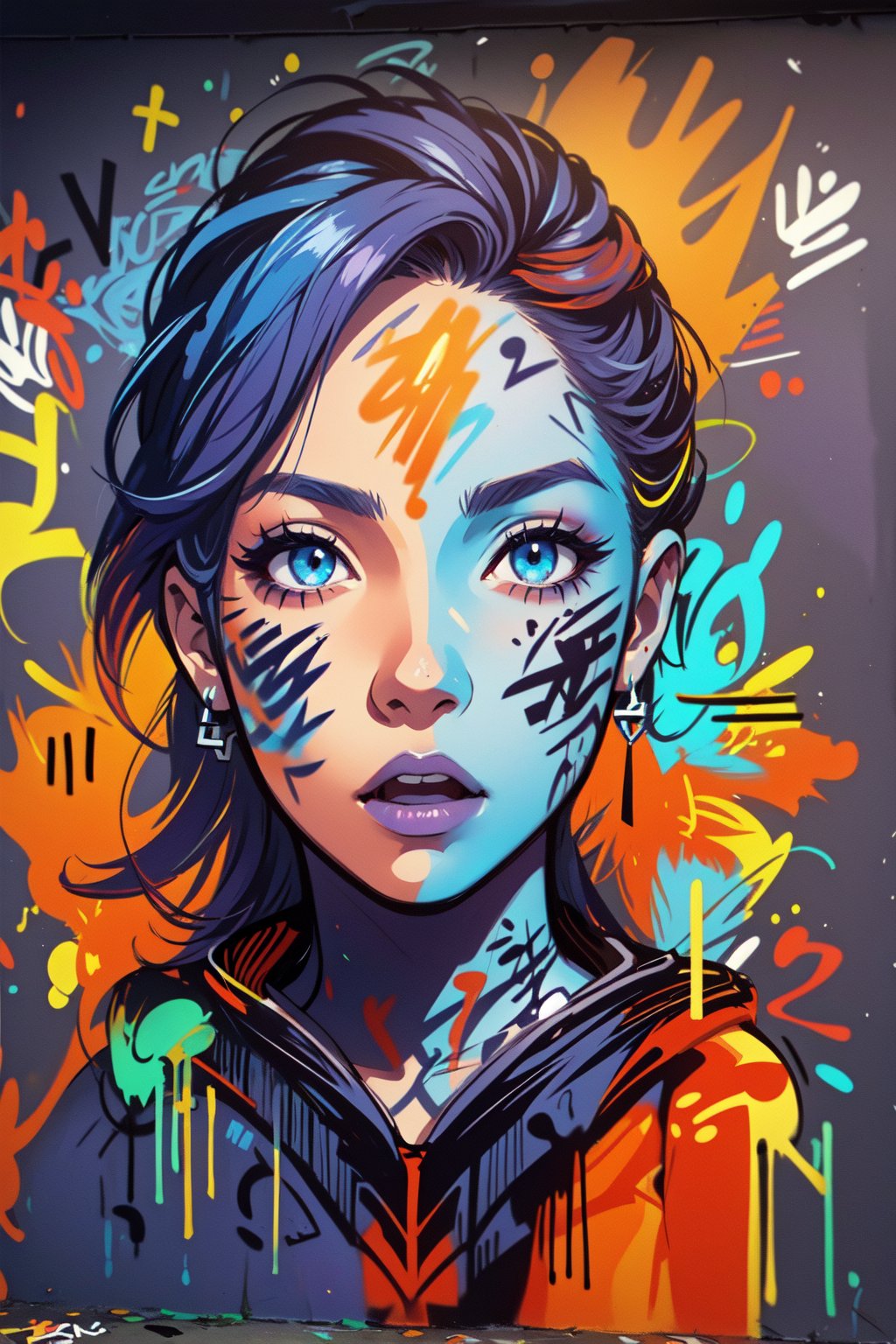 2D, (Zayra \League of Legend\, graffiti on the wall, solo: 1.5), casual outfit, vibrant, detailed, close up, very attractive, sport figure, abstract, masterpiece, high quality, (street art style, graffiti:1.2), (blended purple and orange and blue hair:1.3), bright blue eyes, splatoon colors, dynamic pose, graffitiStyle,