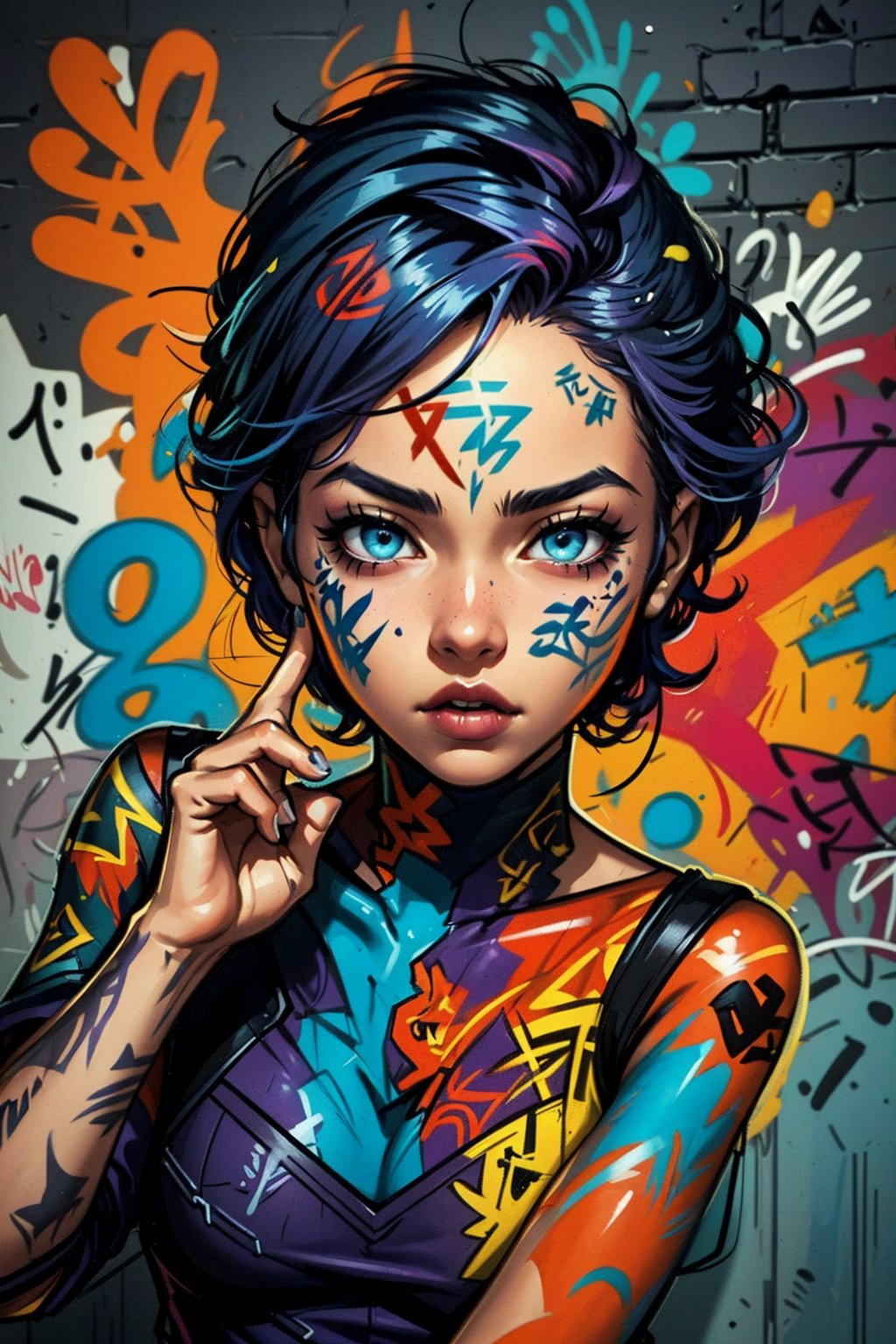 2D, (Zayra \League of Legend\, graffiti on the wall, random pose,  close up, solo: 1.5), casual outfit, vibrant, detailed, close up, very attractive, sport figure, abstract, masterpiece, high quality, (street art style, graffiti:1.2), (blended purple and orange and blue hair:1.3), bright blue eyes, splatoon colors, dynamic pose, graffitiStyle,highres