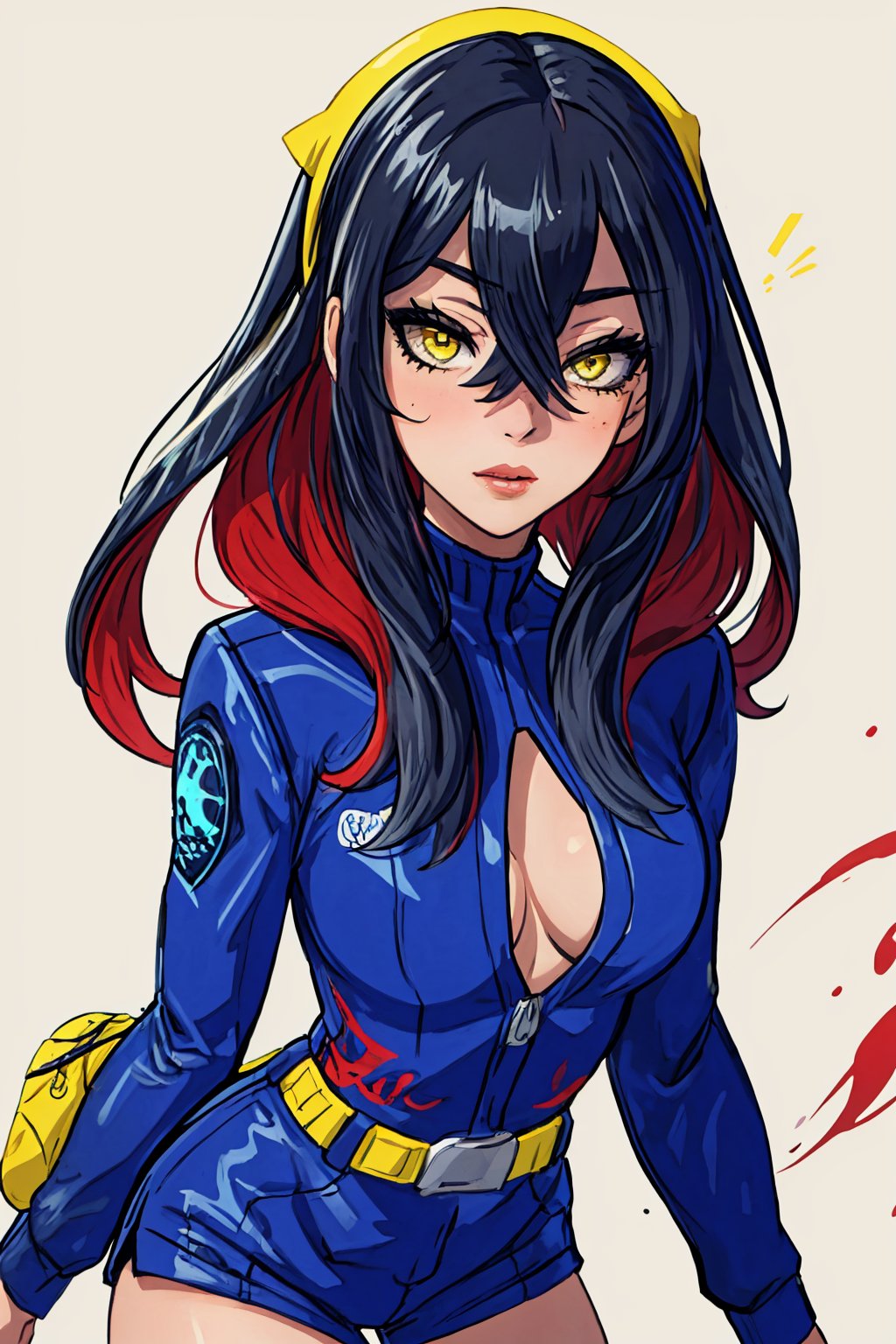Best quality, Masterpiece, detailed background, 1girl, solo, cowboy_shot,carmine, long hair, yellow eyes, sexy pose, hair between eyes, black hair, multicolored hair