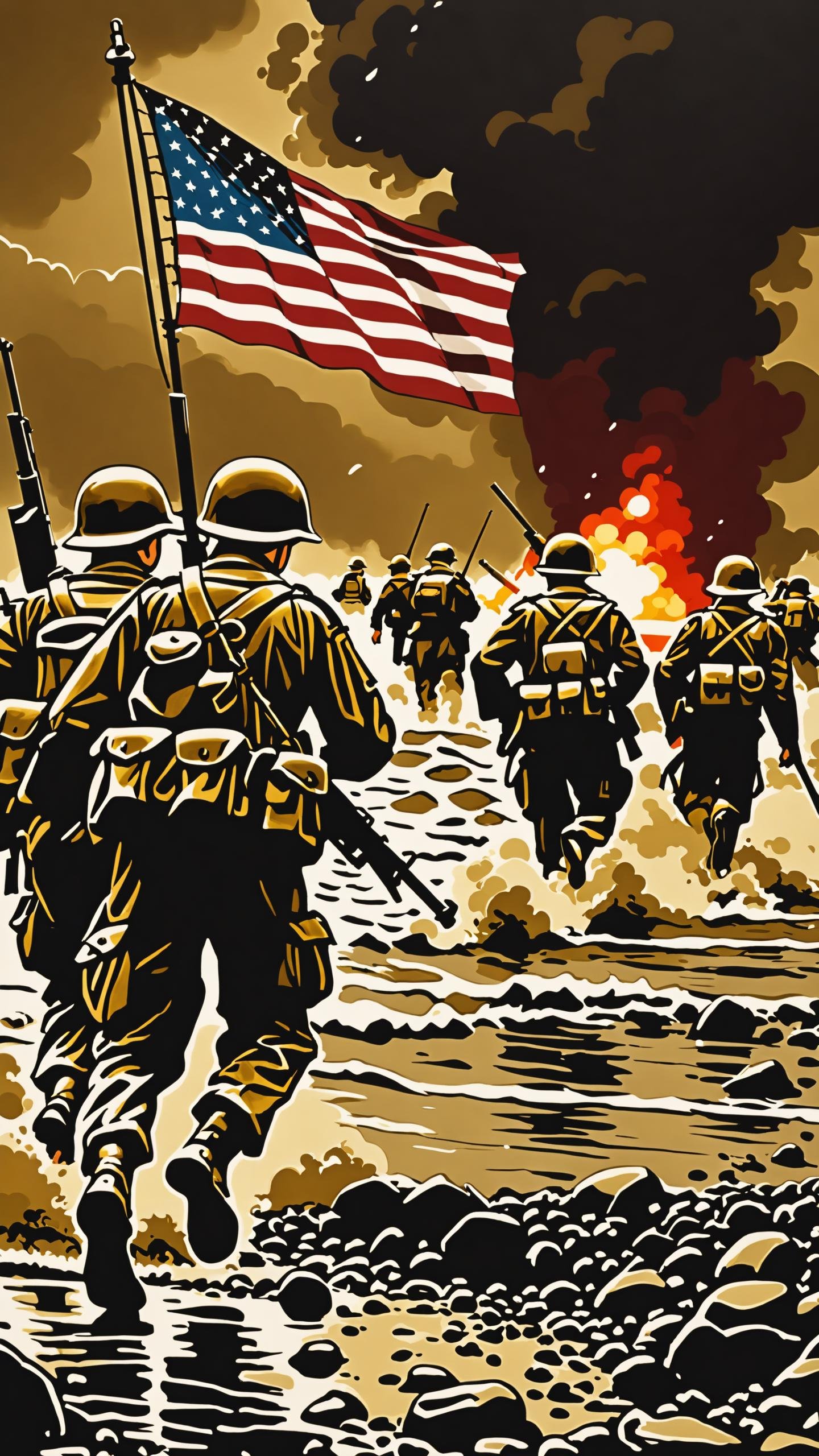 (1944 year World War II chronicle Normandy landings:1.8), dark black oil theme, dark noir style, Greg Rutkowski, (scene from movie saving private ryan:1.4), Soldiers run along the Omaha beach, rock fortification and dots, USA flag, black smoke and fog, liquid black oil splash and droplets, dynamic action motion capture, colorful, luminism, bioluminescence, studio lighting, hyper detailed, (masterpiece, best quality:1.4), ray tracing reflection, sharp focus, shallow depth of field detailed background, (ultra realistic:1.2), (add details, more artful:1.4), 16k