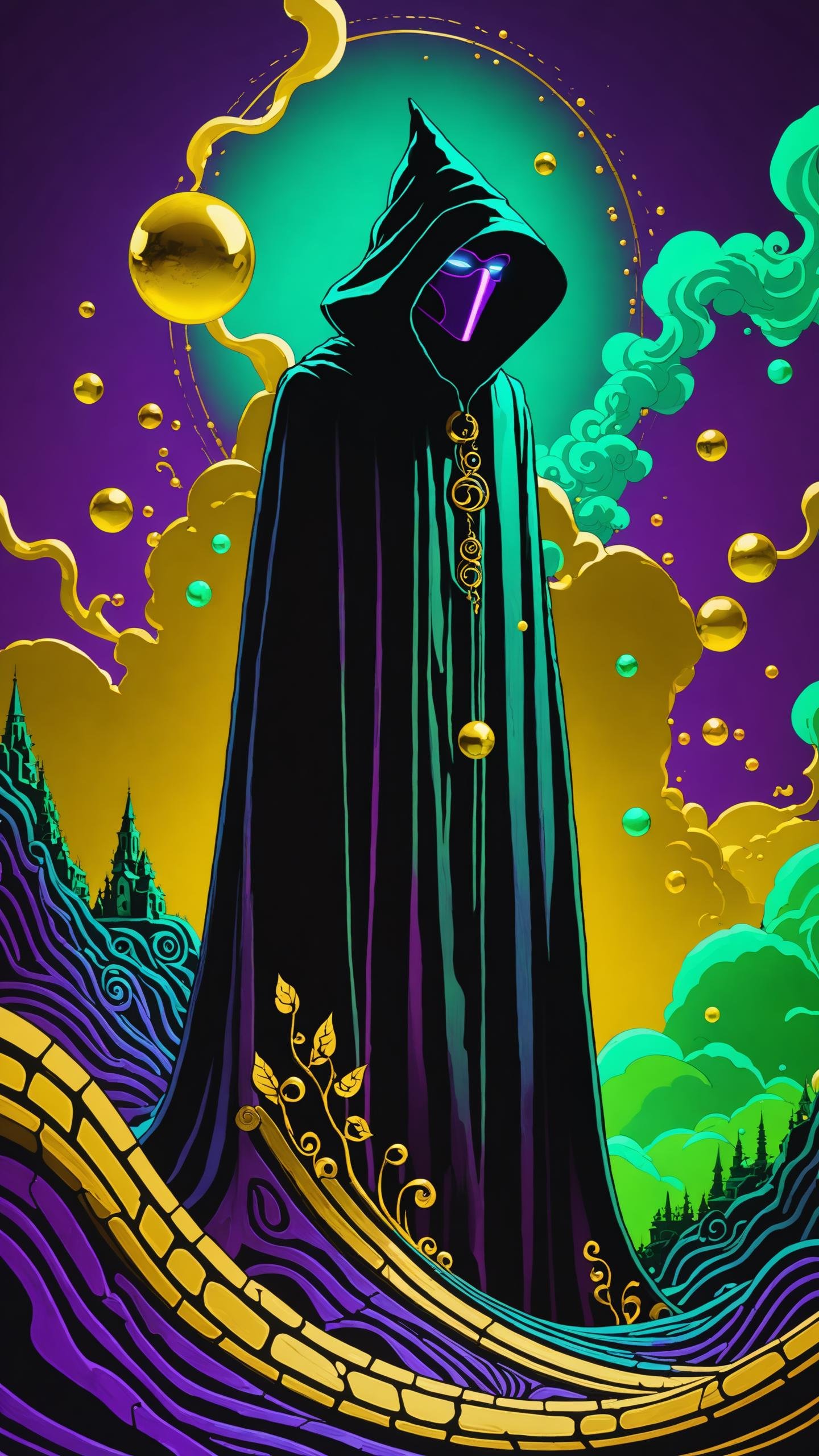 oniric portrait of a tall cloaked figure with a purple mask and green neon clothing, Azem the Traveler, yearning to explore the ends of the world to discover its wonders and help its denizens, by Andy Kehoe, a gradient masterpiece, blue cyan yellow, Rococopunk, luminism, seamless, China ink, Ink Bubbles, Gold leaf lines, alcohol ink elements, curved lines, cinematic, realism, chiaroscuro, Shadow play, Gold leaf small lines, bright splashes of alcohol ink puddles, volumetric light, auras, rays of sunlight, bright colors reflect, isometric, digital art, smog, pollution, toxic waste, chimneys and railroads, 3d render, chromatic aberration, octane render, volumetrics, by greg rutkowski