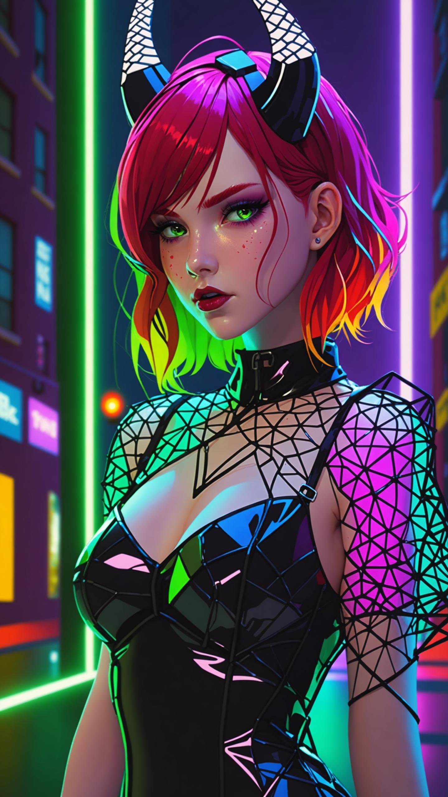 dark shot, city street, pastel goth, sexy goth girl, photo of cute 24 years old redhead woman, cinematic shot, hard shadows, photorealistic, cute face, looking at viewer, glitched face effect, shattering skin effect, colorful outfit, witch purple clothes, glitched background effect, frilly hairstyle, latex dress, torso, body, 8k, ultra-detailed, highres, rainbow skin, shattered glass effect, (best quality, masterpiece:1.2), (deformed neon light:1.3), soft particles of fractal fire, volumetric lighting, (masterpiece, best quality), 1girl, intricate details, 8k, artstation, wallpaper, official art, splash art, sharp focus, dark atmosphere, black coat, black dress, cartoon for adults, white sleeves, sleeves past finger, sleeves past wrists, horns, (cottagetore), (geometric:1.2), futurism, impressionist, detailed, majestic, breathtaking, (suggestive:1.3), (depressing:1.3), (cute:1.2), enticing, (irresistible:1.3), disturbing, fascinating, (magnetic:1.2), (green), latex clothing, suggestive position, latex costume, Depth of field, vivid color, rainbow bloody veins growing and intertwining out of the darkness, (nailed wire), oozing thick blue blood, sharp neon, veins growing and pumping blood, vascular networks growing, under water