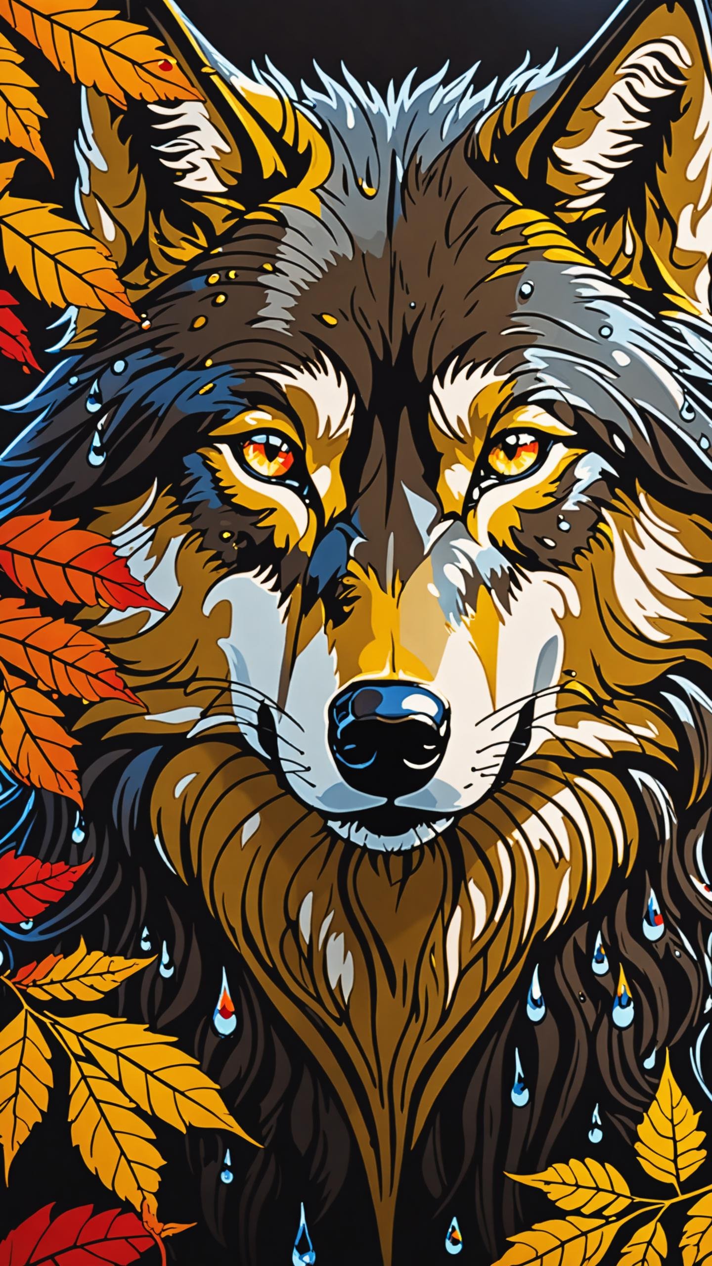 (close-up front view:1.8), dark gold theme, psychedelic, dark noir style, Greg Rutkowski, (((detailed portrait of a wolf in autumn forest))), red hair, symmetry eyes and iris, long black hair, in black liquid oil dress, huge liquid black oil splash and droplets, colorful, luminism, bioluminescence, studio lighting, hyper detailed, (masterpiece, best quality:1.4), ray tracing reflection, sharp focus, shallow depth of field detailed background, (ultra realistic:1.2), 16k resolution