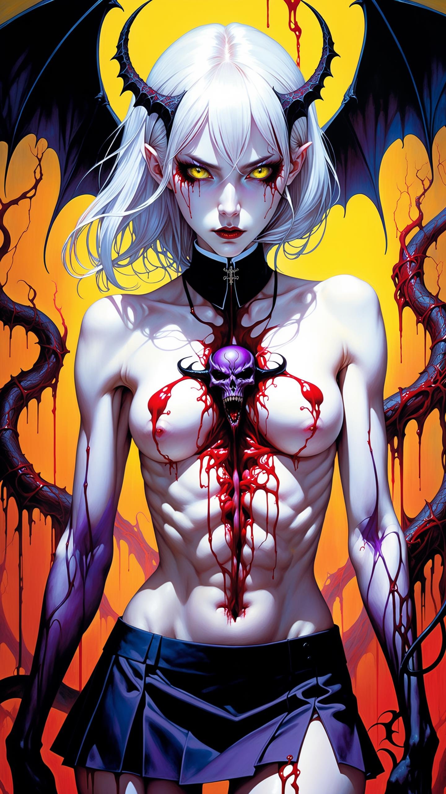 photo of a girl with a pretty face, white hair, purple eyes, (((sexy school uniform))), wearing a stylish very sexy school uniform, photorealistic, with a funny expression on her face, photo of a succubus girl, incoming death, hell, black bloody veins growing and intertwining out of the darkness, oozing thick yellow blood, veins growing and pumping blood, (male body:1.6), 1 man, vascular networks growing, connecting, expanding, red veins everywhere, zdzislaw beksinski, (sharp colors:1.3), (rainbow skin:1.1), (Infrared:1.2), ultra detailed, intricate, (disturbing:1.5), beksinski style painting, satanic symbols, (full torso), full body in frame, centered body, (realistic:1.2), ((intricate details)), (pale gothic evil king), dynamic pose, perfect face, (realistic eyes), perfect eyes, ((dark gothic background)), sharp focus