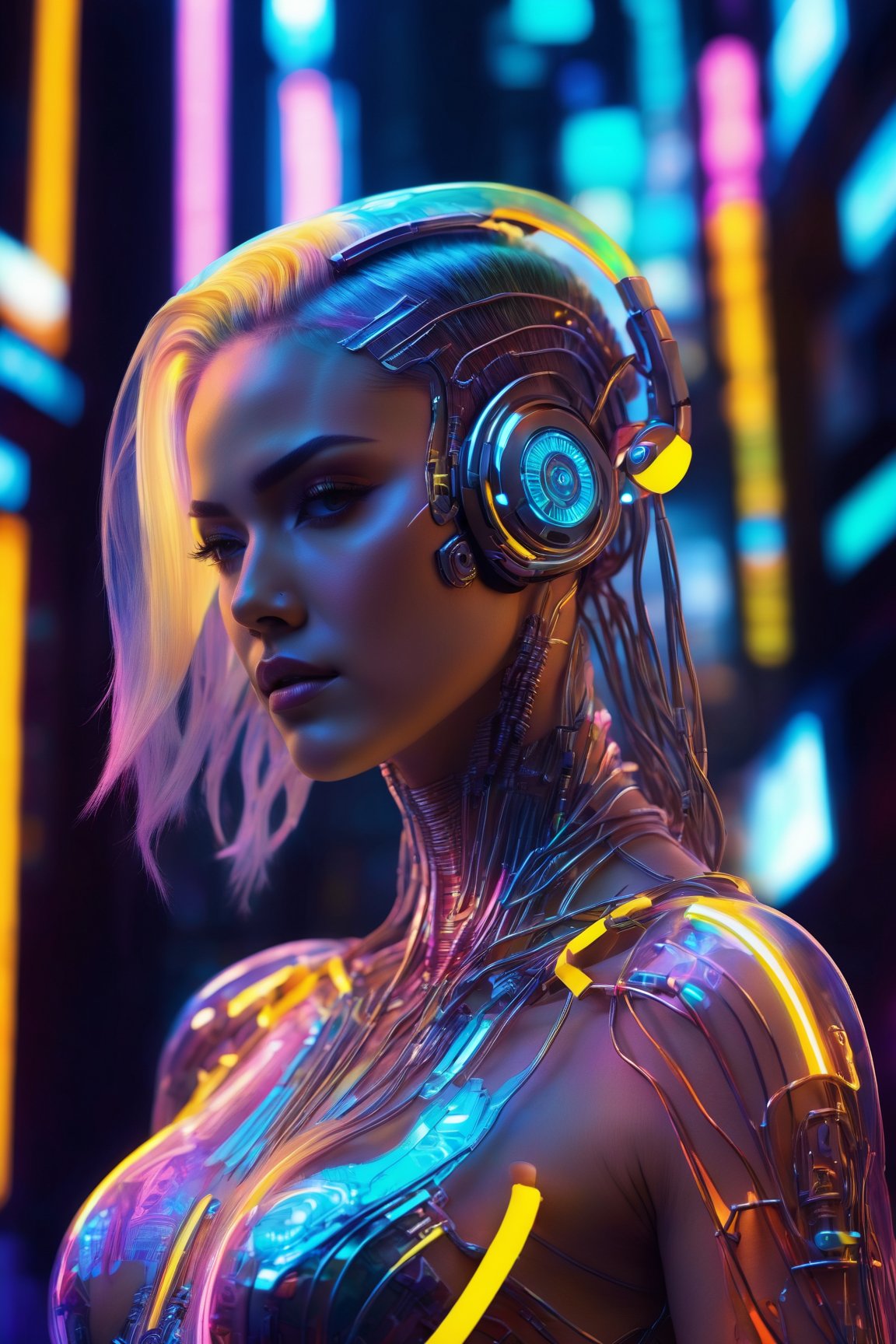 (best quality, 4k, 8k, highres, masterpiece:1.2), ultra-detailed, (realistic, photorealistic, photo-realistic:1.37), cyborg woman, transparent rib cage made of glass, neon cables, gears inside the glass body, glowing circuits, futuristic mechanical parts, cybernetic enhancements, metallic skin, stunning silver hair flow, piercing eyes, high-tech headset, sleek and angular body, dynamic pose, urban background, neon-lit cityscape, vibrant colors, holographic projections, dramatic lighting