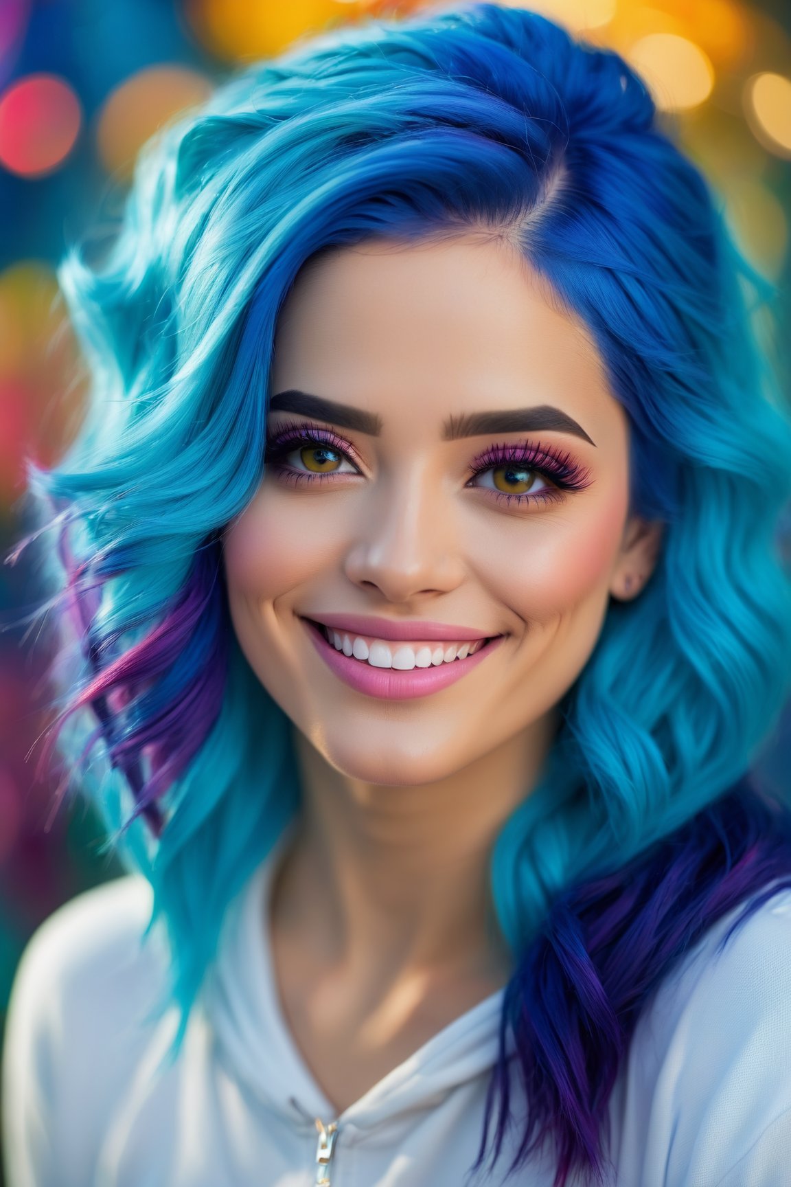 woman, smiling, blue hair, gym clothes, (best quality, highres:1.2), (vivid colors, colorful:1.1), (bokeh), (portraits), (studio lighting), (ultra-fine painting), (sharp focus), (extremely detailed eyes and face), (detailed lips), (beautiful detailed eyes), (long eyelashes)