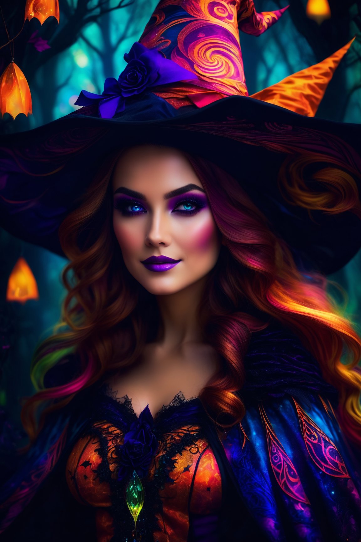 (best quality, 8K, highres, masterpiece:1.2), ultra-detailed, (fantasy creature, enchanting, magical), portrayal of a sexy witch in a Halloween costume. She exudes an otherworldly charm, with vibrant and vivid colors adorning her outfit. Her costume combines elements of fantasy, featuring a mesmerizing witch hat, long flowing hair, and a black cape that billows with colorful brilliance. Her makeup is a kaleidoscope of fantastical hues, and her eyes are adorned with magical, colorful patterns that create a mesmerizing effect. The scene is illuminated by a stunning combination of HDR, UHD, and studio lighting, which brings out the rich details of her physically-based rendering. The dark forest background is transformed into a wonderland of vibrant, enchanting colors, giving the entire composition a surreal and magical atmosphere. Candlelight adds a warm and mystical glow, enhancing the fantasy creature's allure. Her mysterious smile and the haunting, gothic ambiance further elevate this artwork into a captivating realm of magic and fantasy