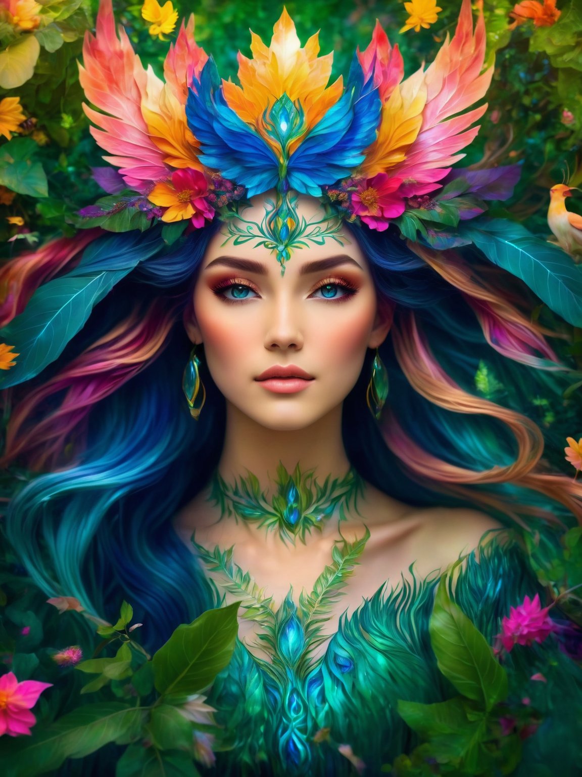 (best quality, 8K, highres, masterpiece:1.2), ultra-detailed, (fantasy creature, mythical being, otherworldly:1.3), nature goddess transformed into a fantastical creature with a body made of vibrant, swirling leaves and petals. This enchanting portrait captures her amidst a lush greenery filled with wildflowers of every color. Her eyes are a breathtaking kaleidoscope, and she wears a serene expression that radiates ethereal beauty. In a graceful and dynamic pose, she moves with the wind, her luminous skin glowing in the soft, natural light filtering through the canopy above. Her flowing hair and an elegant crown of leaves enhance her mythical essence. The vibrant colors of her being create a surreal atmosphere, and a dreamlike aura surrounds her, signifying her harmonious connection with the mystical, enchanted forest.