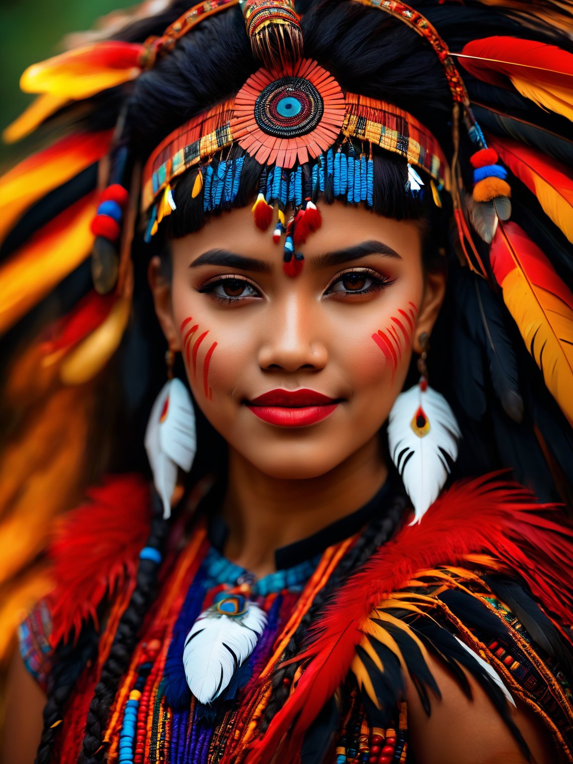 (best quality, 4k, highres, masterpiece:1.2), ultra-detailed, (realistic:1.37), indigenous girl, red black harness, feathers in long dread hair, high heels boots, accessories on arm, beautiful detailed eyes, beautiful detailed lips, ethnic clothing, traditional patterns, graceful posture, subtle smile, vibrant colors, bokeh lighting, portraits
