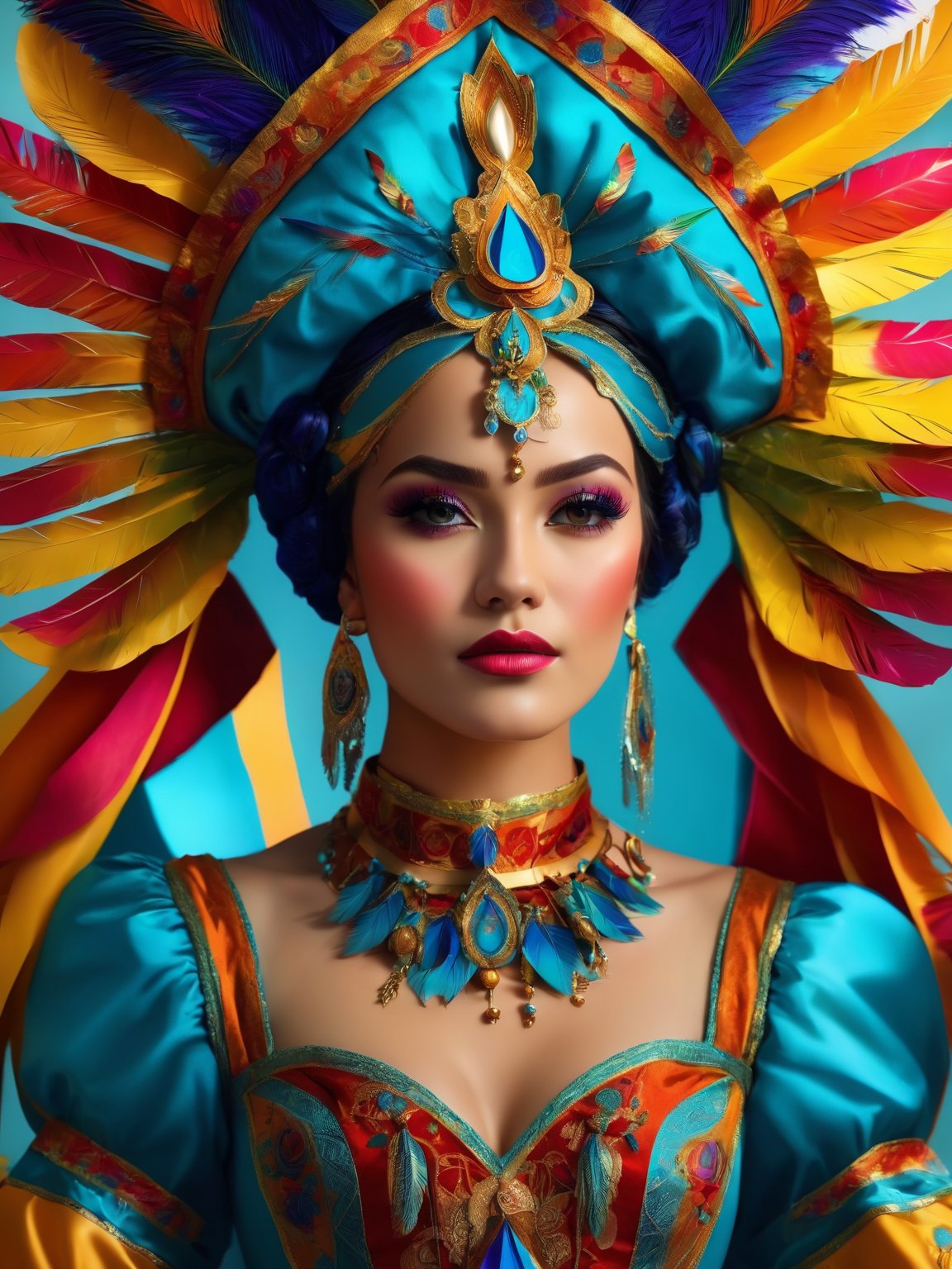 A woman wearing a costume for carnival, with religious images, avoiding the use of feathers. Illustration as the medium, with best quality, 4k resolution, and ultra-detailed. The girl has beautiful detailed eyes and lips, and her face and eyelashes are extremely detailed. She is wearing a vibrant and elaborate costume, adorned with religious symbols and motifs. The costume is made of high-quality materials, resembling a combination of traditional garments and modern designs. It is a masterpiece of craftsmanship, with sharp focus and vivid colors. The overall style is a mix of cultural heritage and contemporary aesthetics. The color palette consists of bright and contrasting hues, emphasizing the festive atmosphere. The lighting captures the richness of the colors and highlights the intricate details of the costume