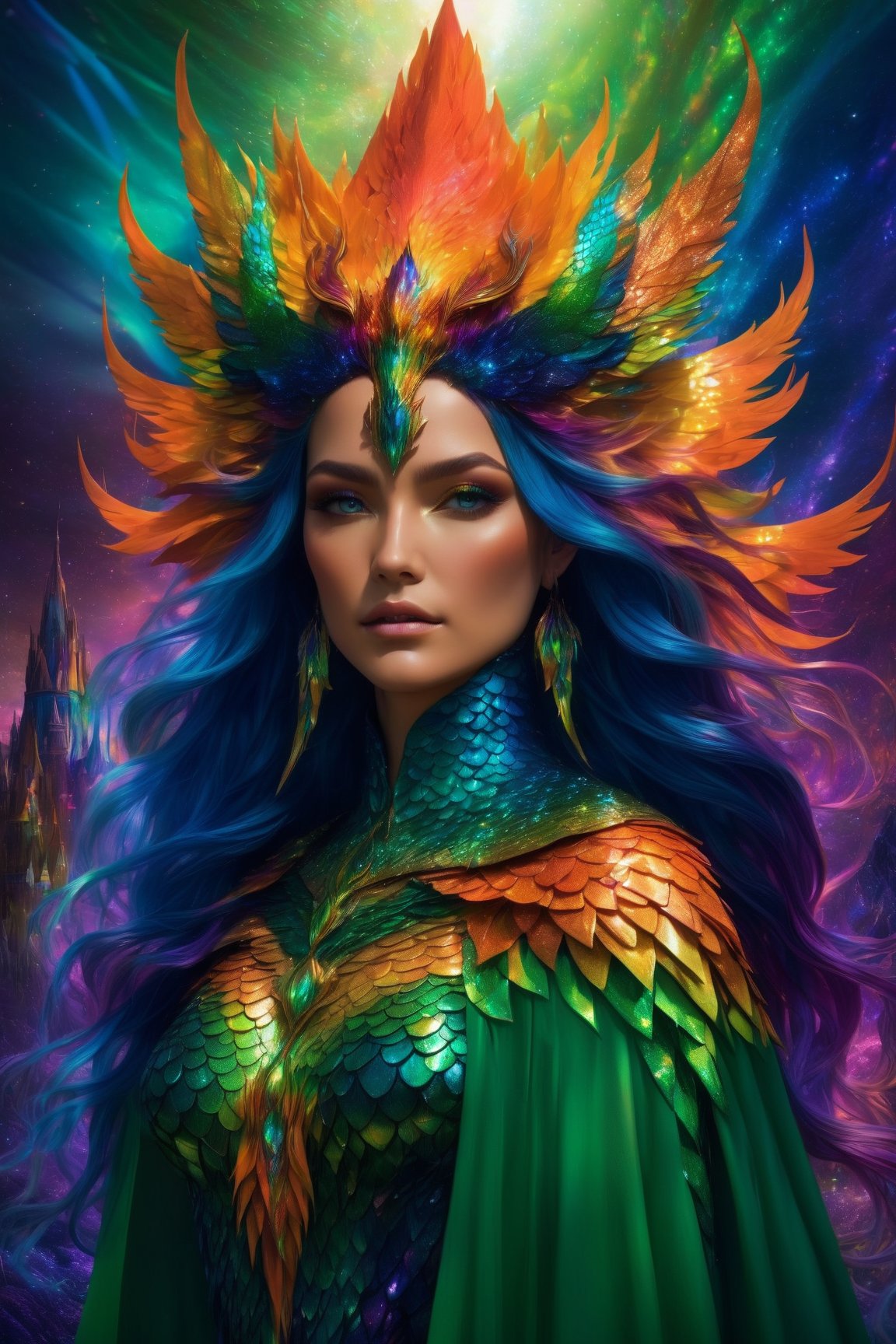 (Breathtaking 8K concept art), (A fantastical creature with striking orange and green scales, unmasked, adorned with a flowing iridescent rainbow-colored cape:1.3), Against an intricately detailed fantasy realm, bathed in a mesmerizing array of natural, multicolored, and ethereal lighting, reminiscent of visionary artists like Greg Rutkowski, (A mesmerizing masterpiece, lighting up the realm of fantasy art:1.3)