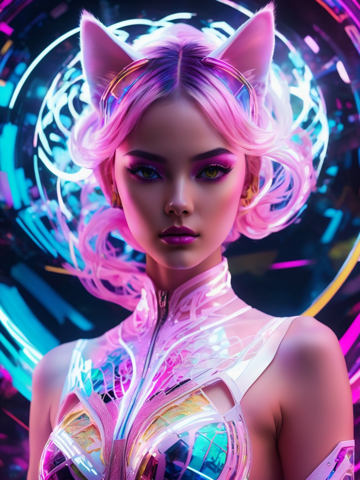 (best quality,8K,highres,masterpiece), ultra-detailed, (super colorful, vibrant), depiction of the most beautifully exotic 19-year-old Italian woman, deeply passionate about manga comics. She is portrayed in a neon white and pink futuristic lace cat bodysuit with stockings cutouts, a captivating costume, high heel boots, and stiletto heels, all bursting with a riot of vivid colors. She radiates an aura of creativity, symbolizing a triumphant victory over restriction and norm. The cyberspace around her is filled with bright, hypnotic patterns, and a radiant halo of multi-colored light envelops her. Scattered code fragments disintegrate and spiral into the void, forming a dazzling and imaginative spiral. The scene features razor-sharp focus, epic and complex projections of ghostly translucent fabric, glowing hollow cybernetic threads, and a dynamic anime-style pose with swirling light particles. This stunning visual masterpiece includes double exposure, a kaleidoscope of glowing textures, vivid black tones, a surreal atmosphere, and a vibrant color filter that brings the entire composition to life in a dazzling spectrum of colors.
