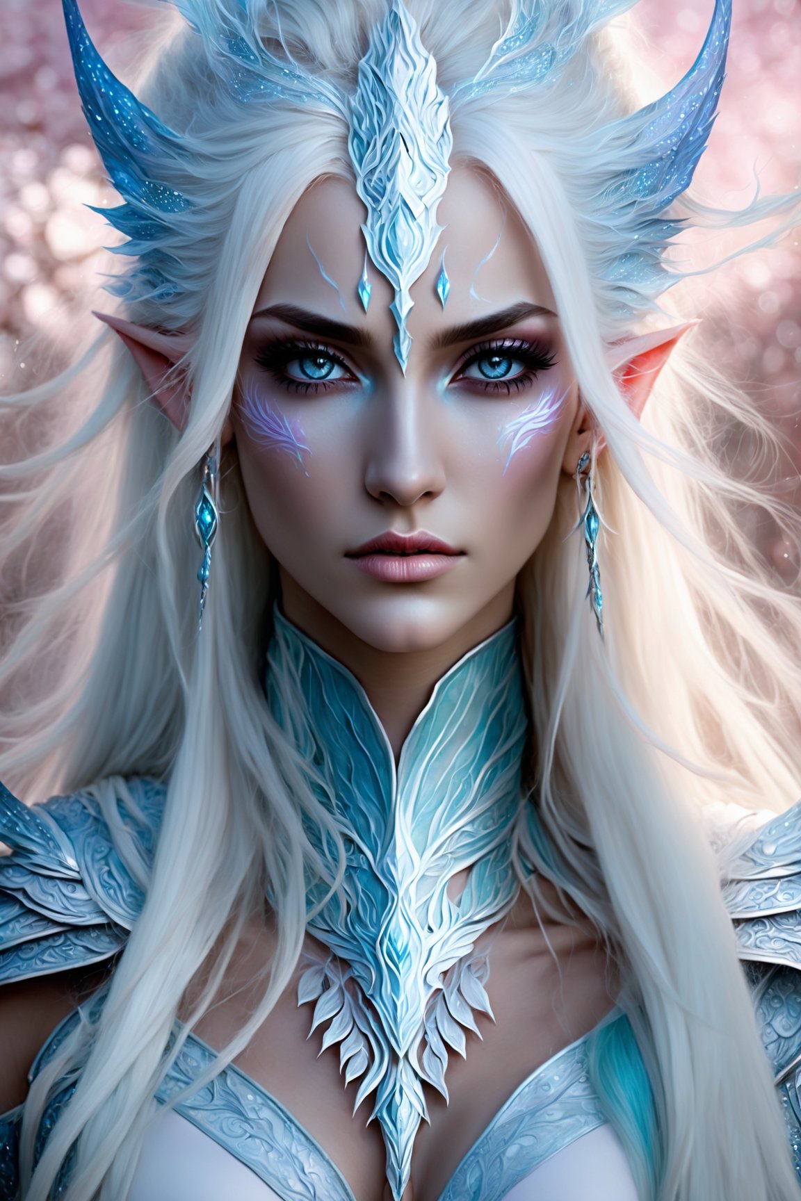 best quality, highres, masterpiece, detailed painting, captivating dark elf, mesmerizing ice blue eyes, delicate white tattoo with intricate dots on her face, long flowing hair in white with wisps of light pink and pale teal, ethereal appearance, leather strapped armor, fierce yet elegant warrior spirit, stunning combination of colors, incredibly detailed image, immersive high-quality resolution, intricate nuances of the dark elf's features, meticulous craftsmanship, attention to detail, brings the dark elf to life, captivates viewers, sheer artistry, brilliance