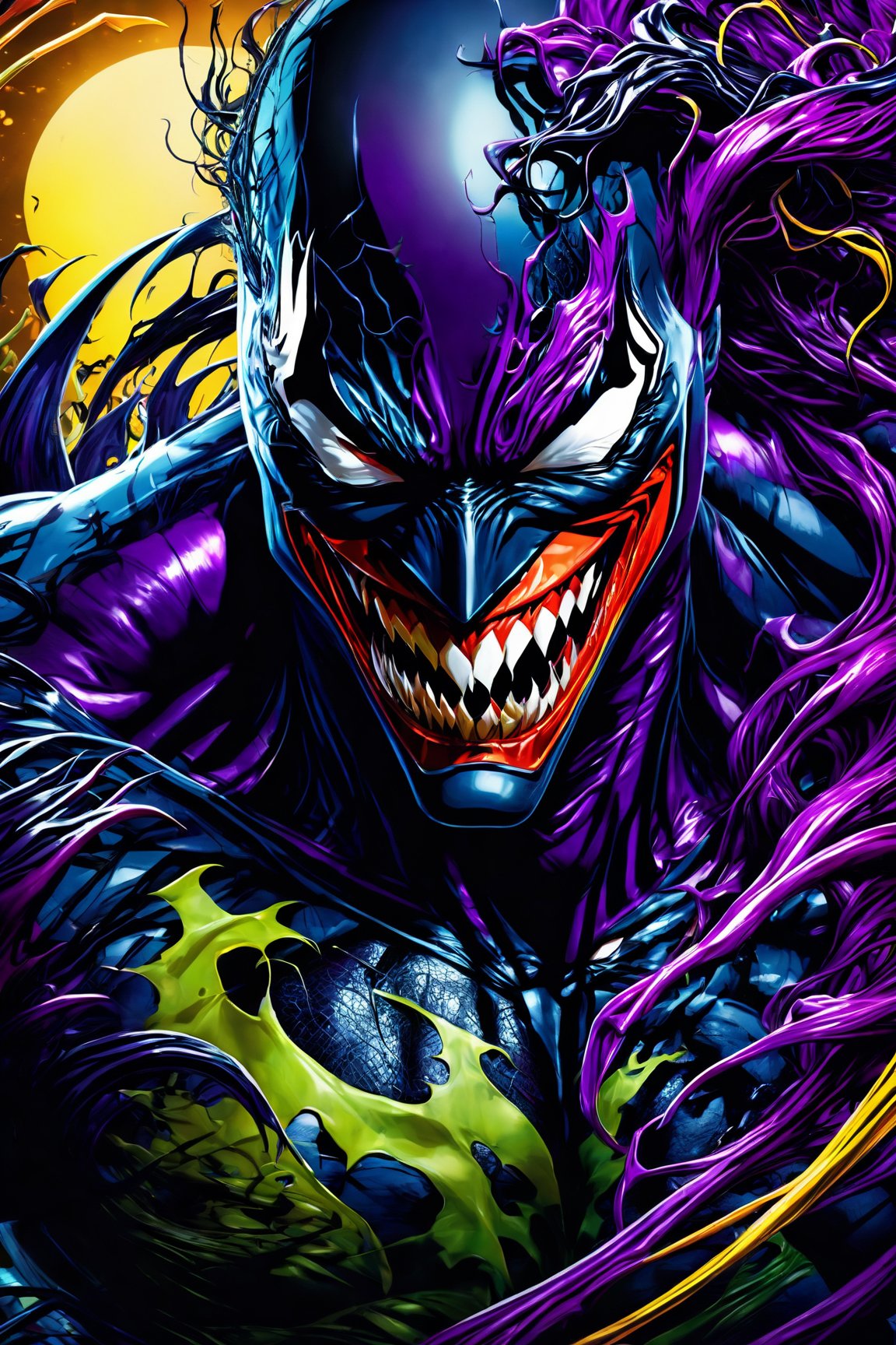 (best quality, 8K, highres, masterpiece), ultra-detailed, (Marvel-style, full figure) depiction of a hero merging with the Joker and Venom symbiote. The symbiote gracefully covers half of Joker's face, creating a captivating fusion. The color palette is dark and shaded, set in a mysterious environment illuminated by the moonlight reflecting off the Venom symbiote. The scene is wildly futuristic, blending advanced technology with the organic, offering a striking contrast between the natural and artificial elements. This high-quality image, resembling a digital painting, bursts with vibrant and vivid colors. The meticulous attention to detail captures the essence of the character's evil and mocking smile, presenting a visually stunning and intriguing portrayal.