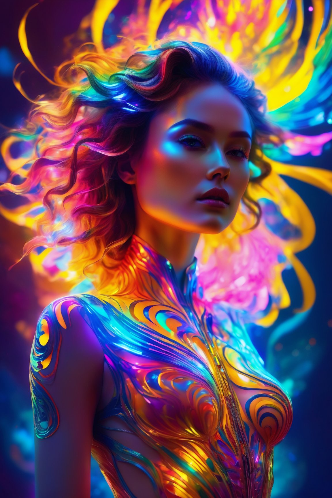 (best quality, 8K, highres, masterpiece), ultra-detailed, illustration of Marta Gromova, a phantasmagorical figure with an emphasis on vivid colors. The silhouette of the woman features (translucent skin:1.5) and (translucent body:1.5), illuminated by neon lights and an array of vibrant light particles. The composition bursts with a super colorful palette, embracing lively CMYK colors and a stunning backlit effect, creating a visually striking and captivating portrayal.